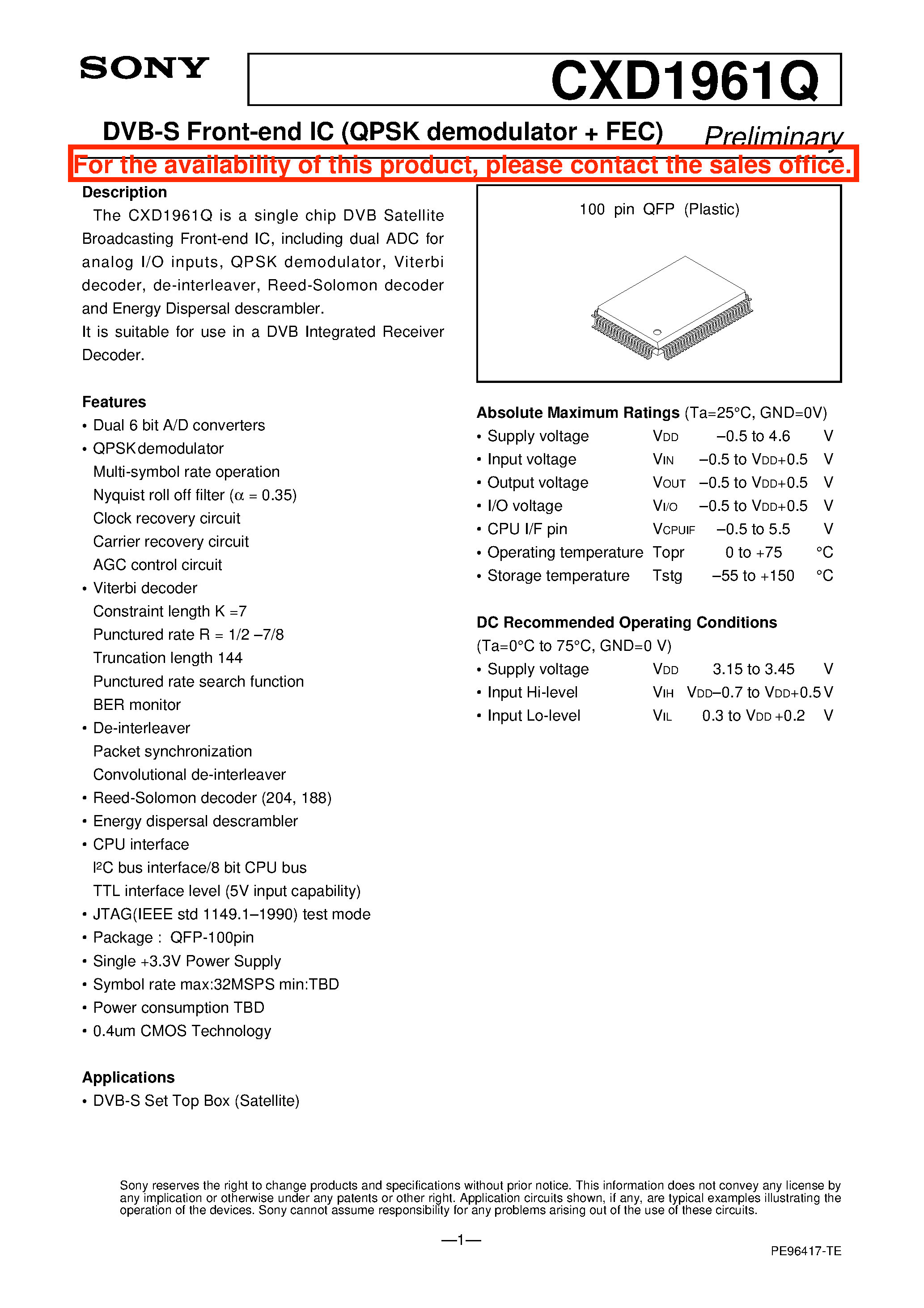 Datasheet CXD1961Q page 1 Datasheet CXD1961Q - DVB-S Front-end IC (QPSK demodulator + FEC) page 1