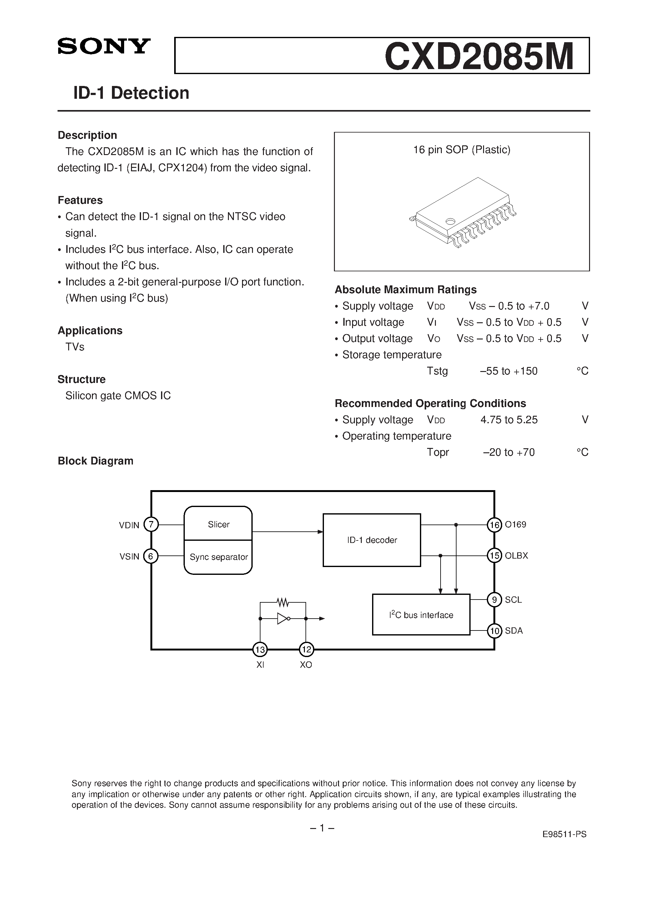 Даташит CXD2085M - ID-1 Detection страница 1