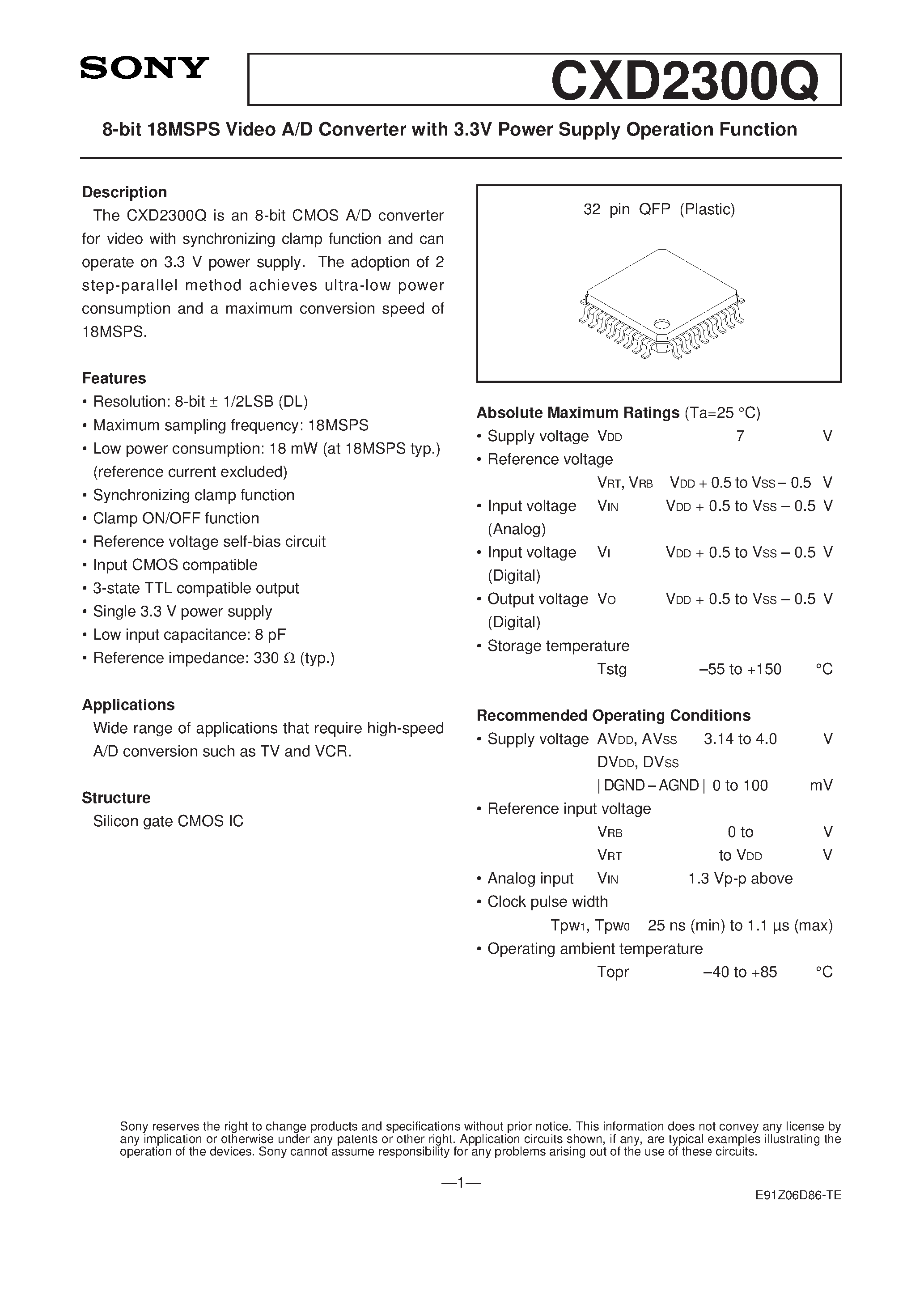 Datasheet CXD2300Q - 8-bit 18MSPS Video A/D Converter with 3.3V Power Supply Operation Function page 1