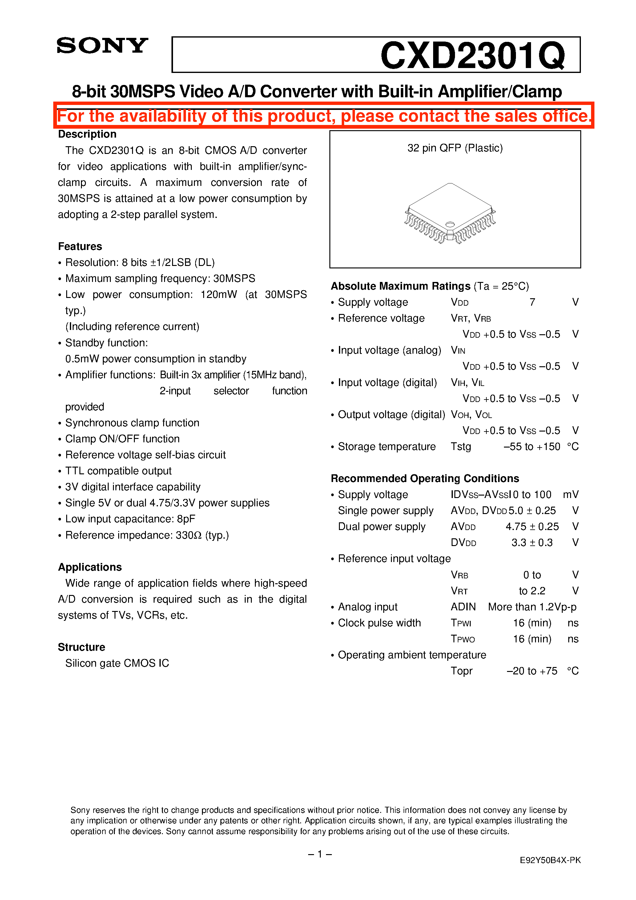 Datasheet CXD2301Q page 1 Datasheet CXD2301Q - 8-bit 30MSPS Video A/D Converter with Built-in Amplifier/Clamp page 1