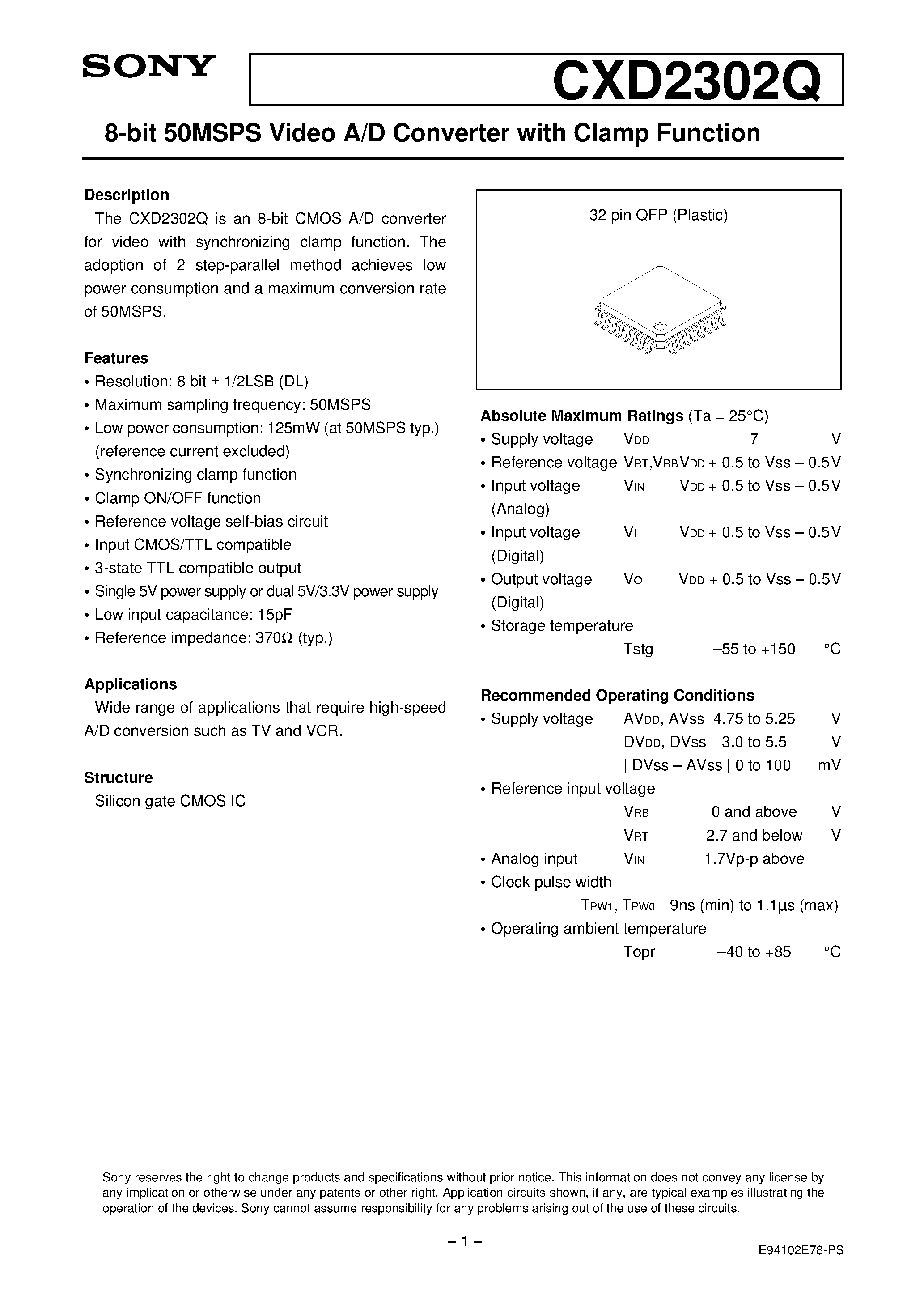 Datasheet CXD2302Q - 8-bit 50MSPS Video A/D Converter with Clamp Function page 1