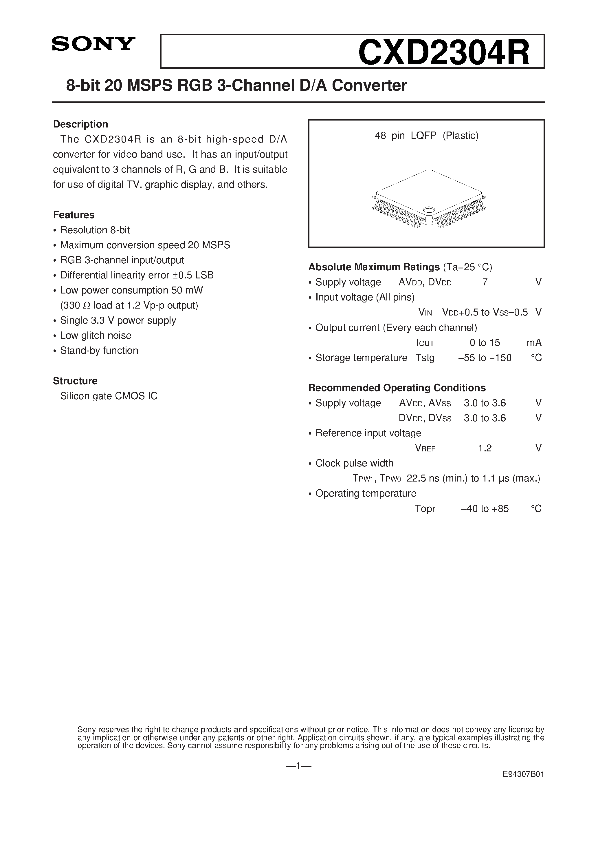 Datasheet CXD2304R page 1 Datasheet CXD2304R - 8-bit 20 MSPS RGB 3-Channel D/A Converter page 1