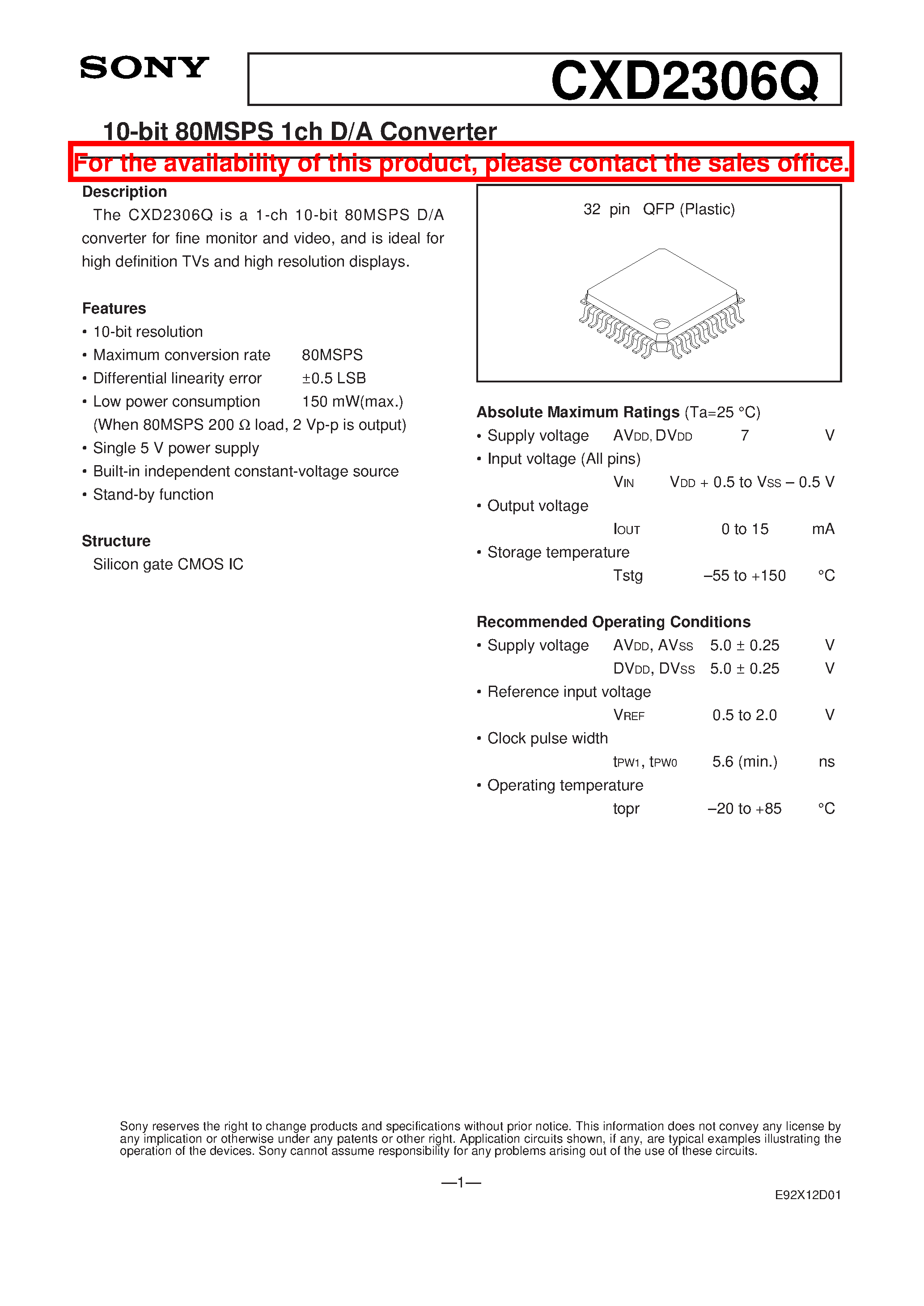 Datasheet CXD2306Q - 10-bit 80MSPS 1ch D/A Converter page 1