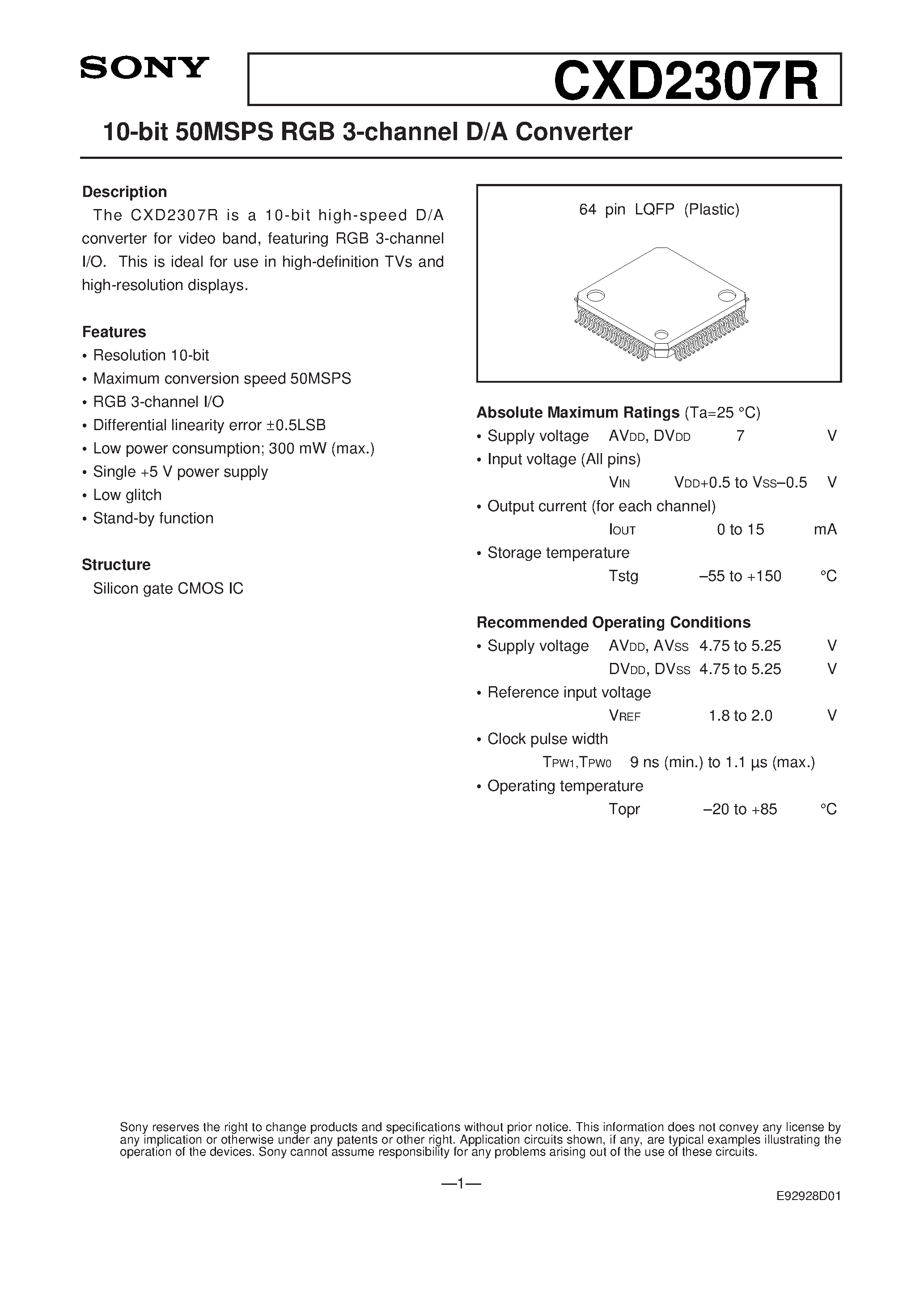 Datasheet CXD2307R - 10-bit 50MSPS RGB 3-channel D/A Converter page 1