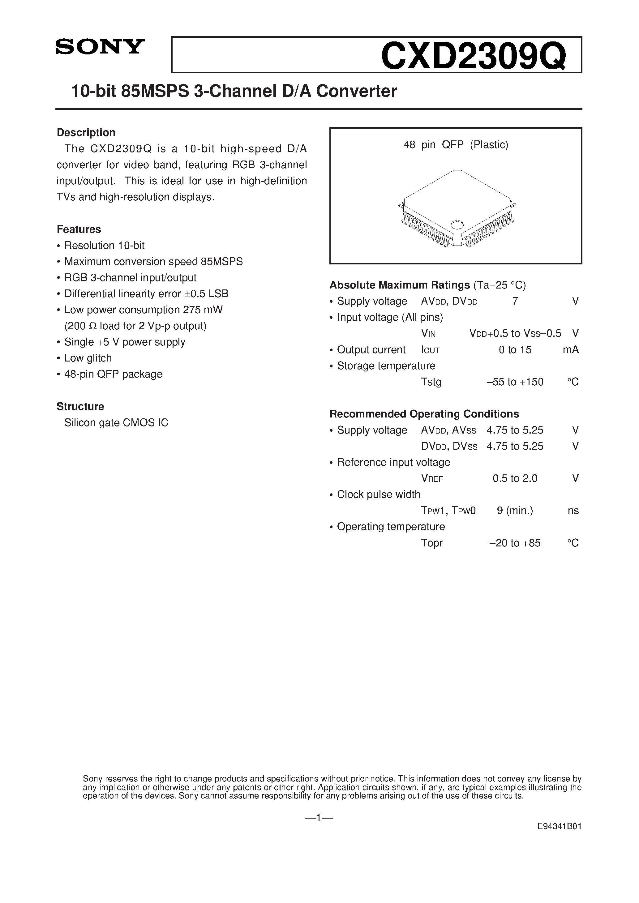 Datasheet CXD2309 page 1 Datasheet CXD2309 - 10-bit 50MSPS RGB 3-channel D/A Converter page 1