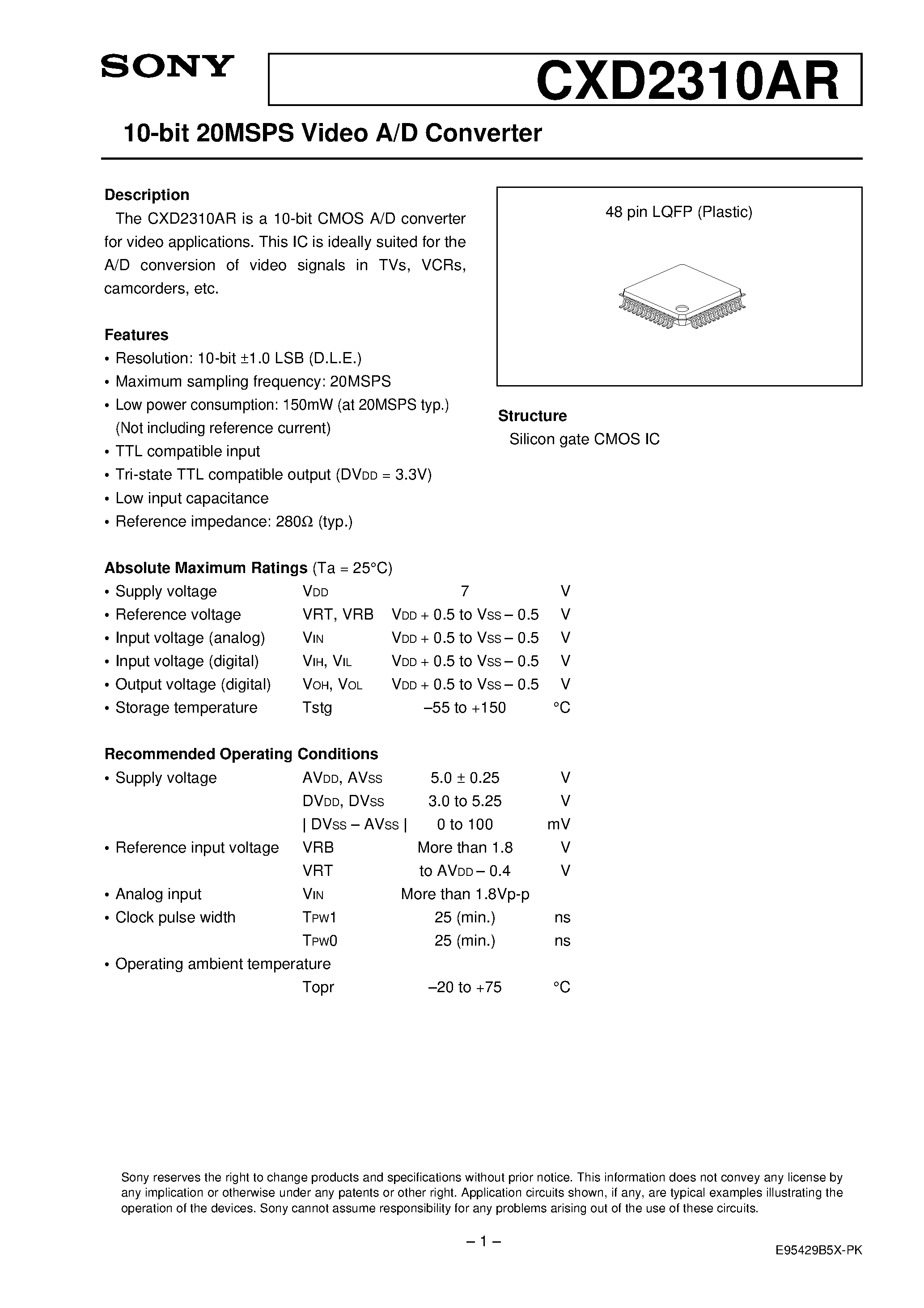 Datasheet CXD2310 - 10-bit 20MSPS Video A/D Converter page 1