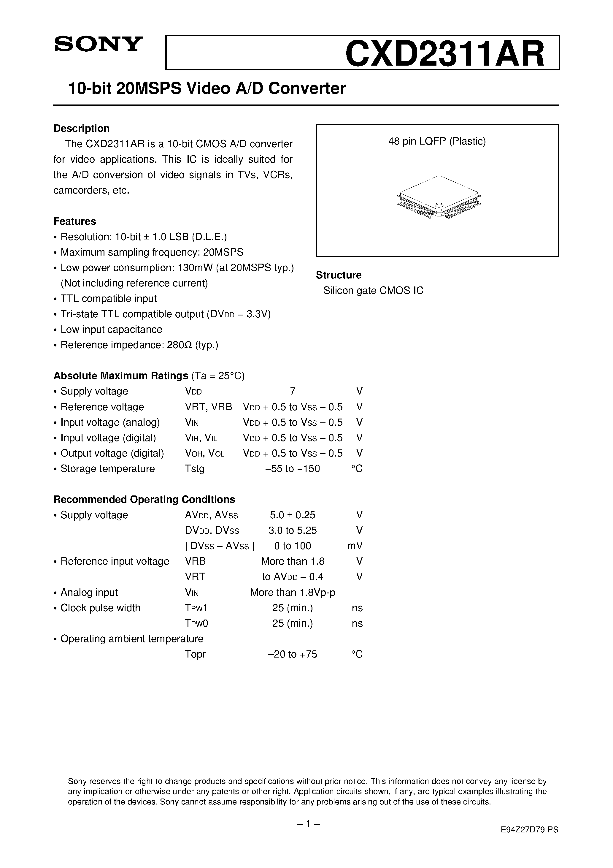 Datasheet CXD2311 page 1 Datasheet CXD2311 - 10-bit 20MSPS Video A/D Converter page 1