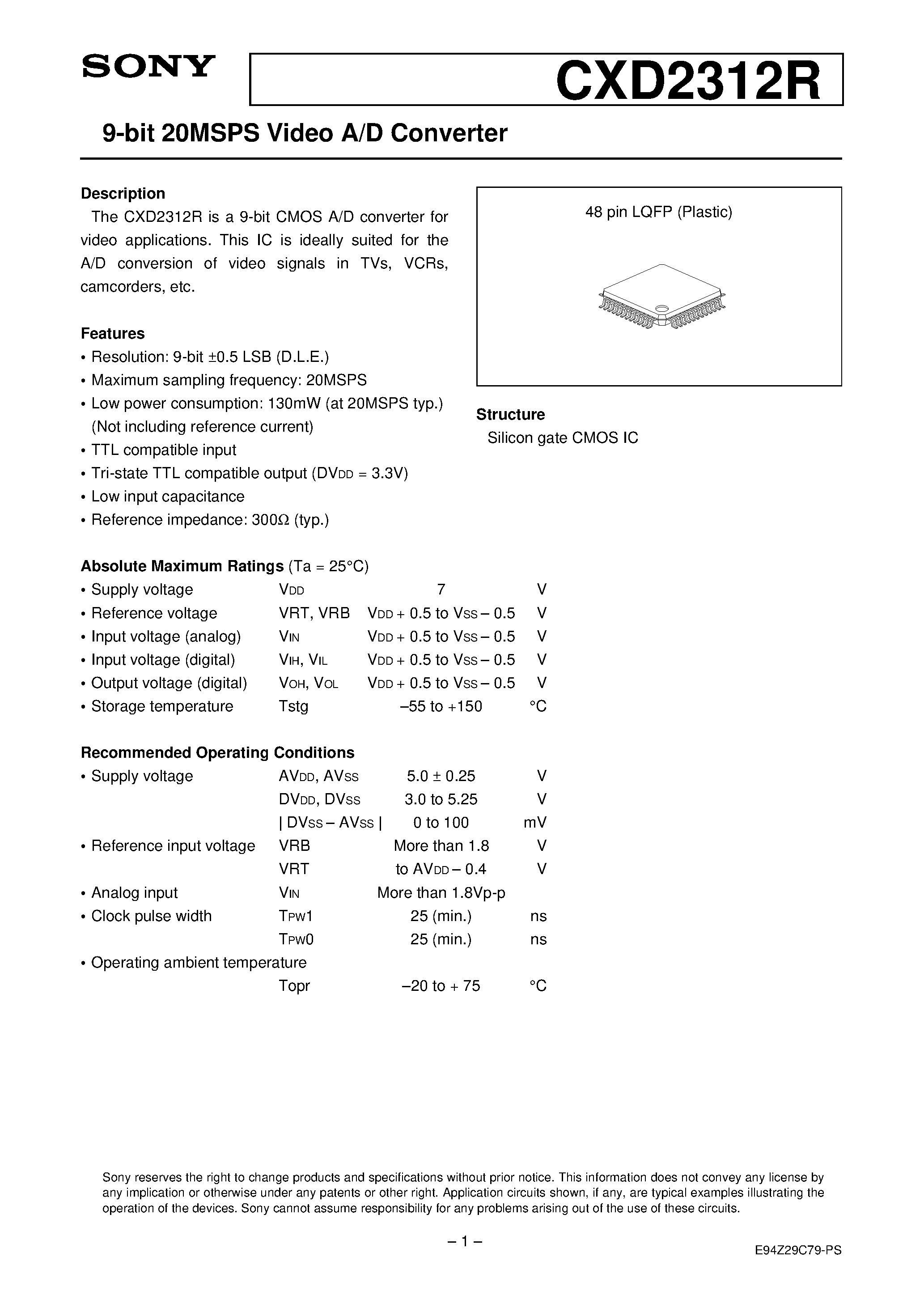 Даташит CXD2312R - 9-bit 20MSPS Video A/D Converter страница 1