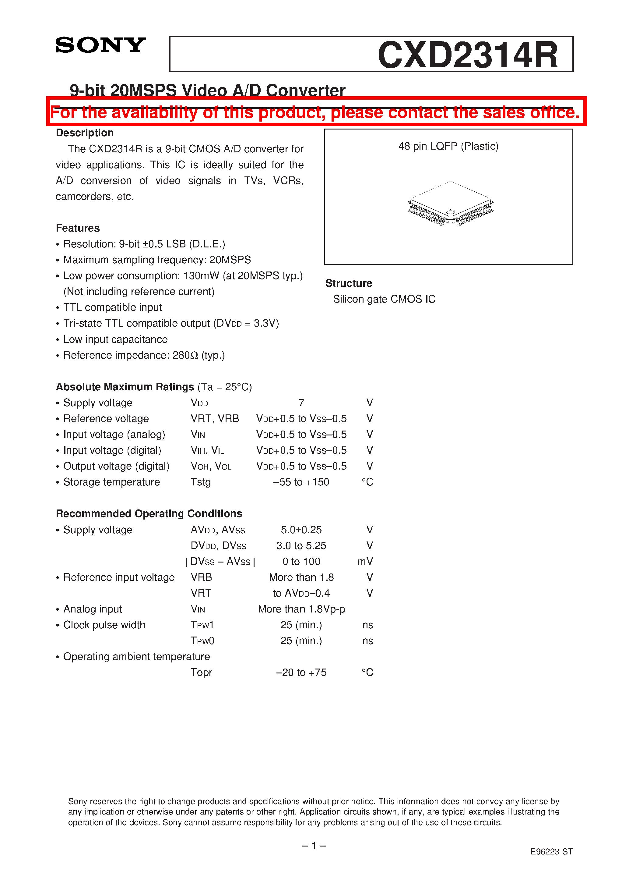 Даташит CXD2314R - 9-bit 20MSPS Video A/D Converter страница 1
