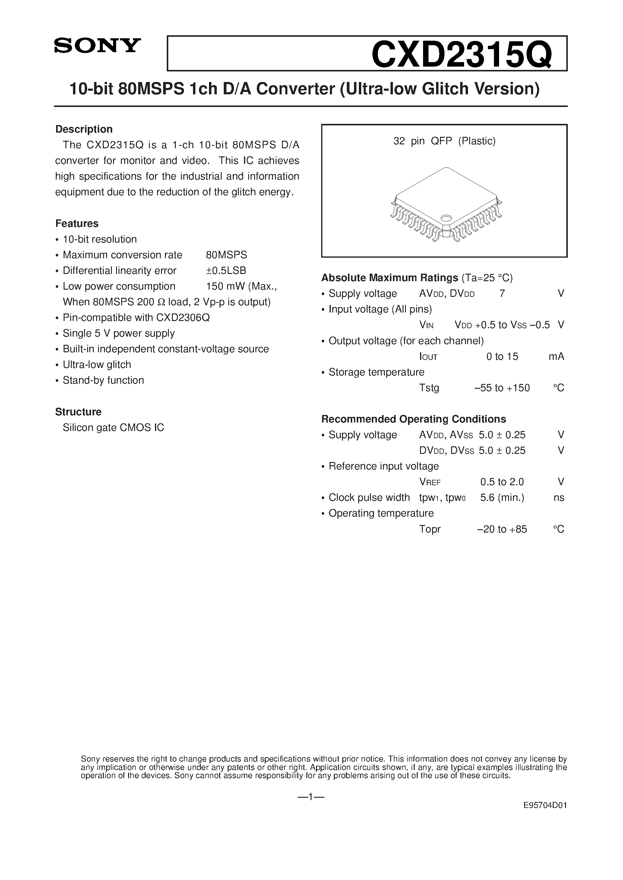Datasheet CXD2315Q - 10-bit 80MSPS 1ch D/A Converter (Ultra-low Glitch Version) page 1