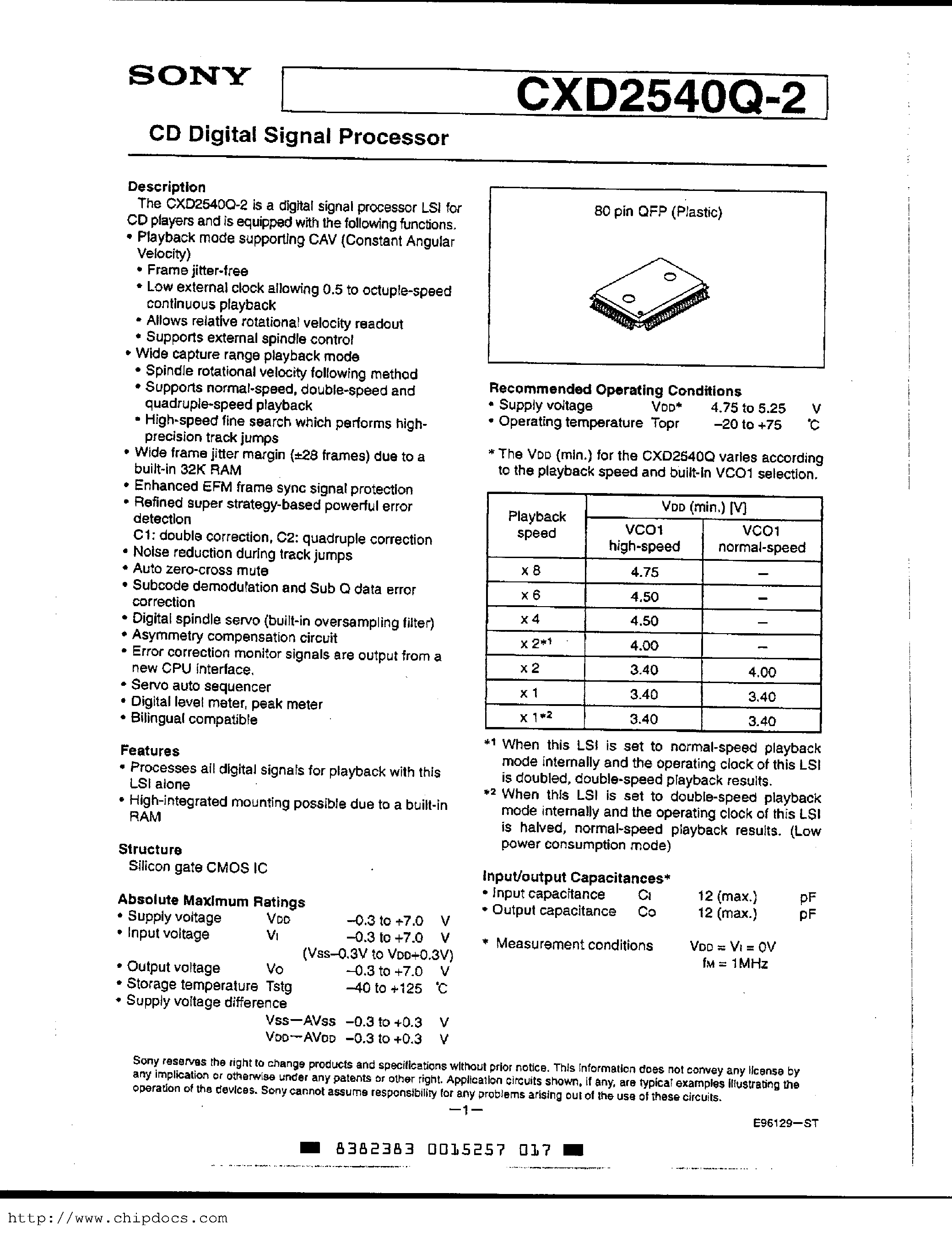 Datasheet CXD2540Q-2 - CD DIGITAL SIGNAL PROCESSOR page 1