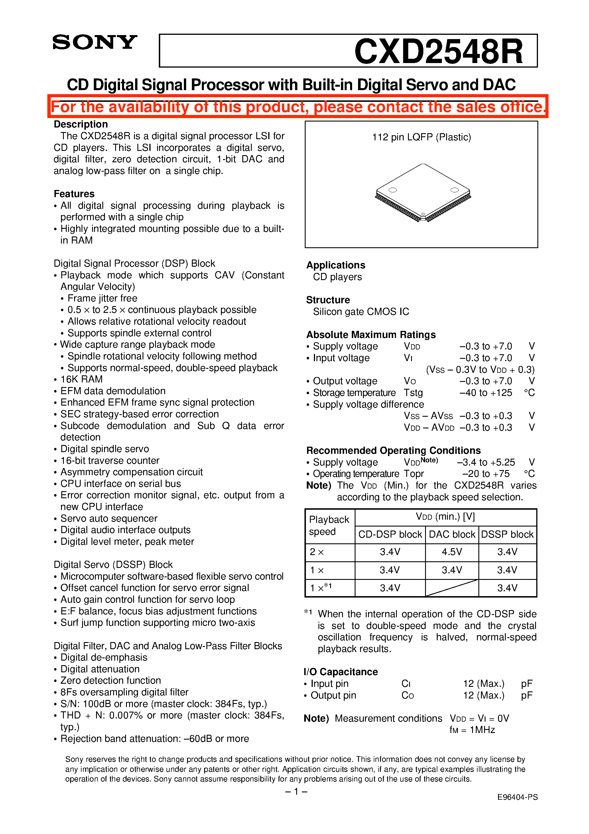Datasheet CXD2548R - CD Digital Signal Processor with Built-in Digital Servo and DAC page 1