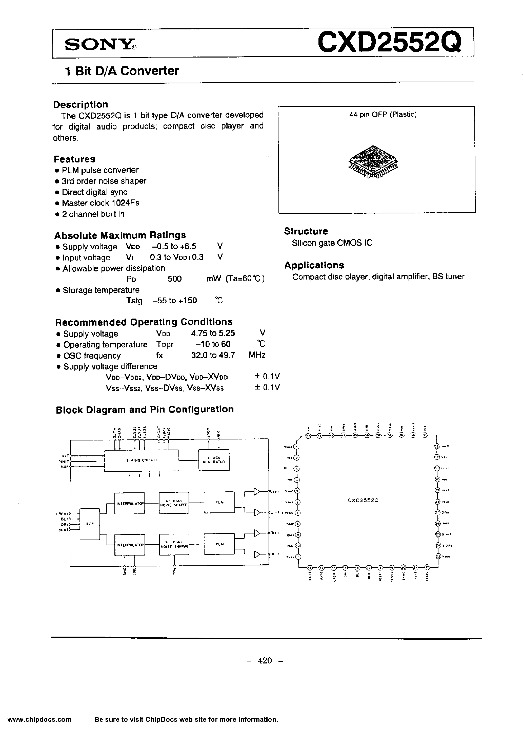 Datasheet CXD2552Q - 1 BIT D/A CONVERTER page 1