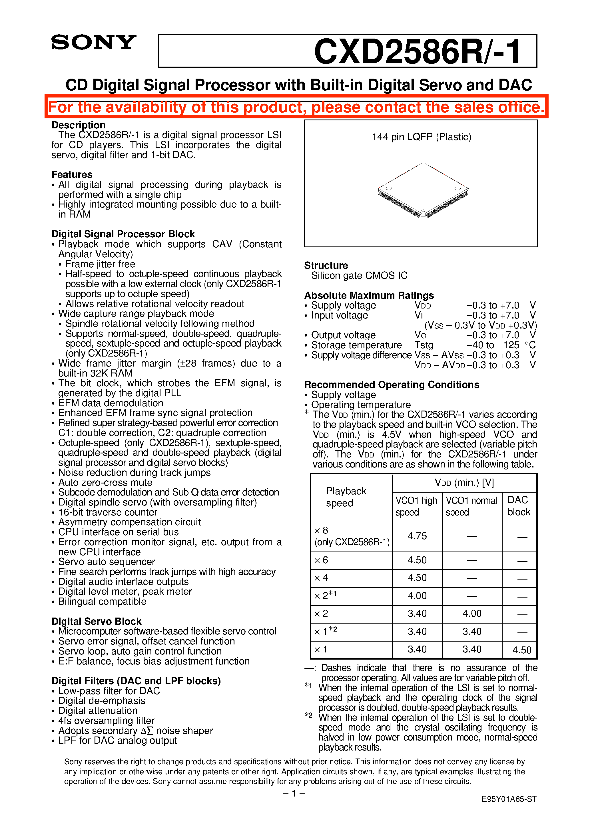 Datasheet CXD2586R - CD Digital Signal Processor with Built-in Digital Servo and DAC page 1