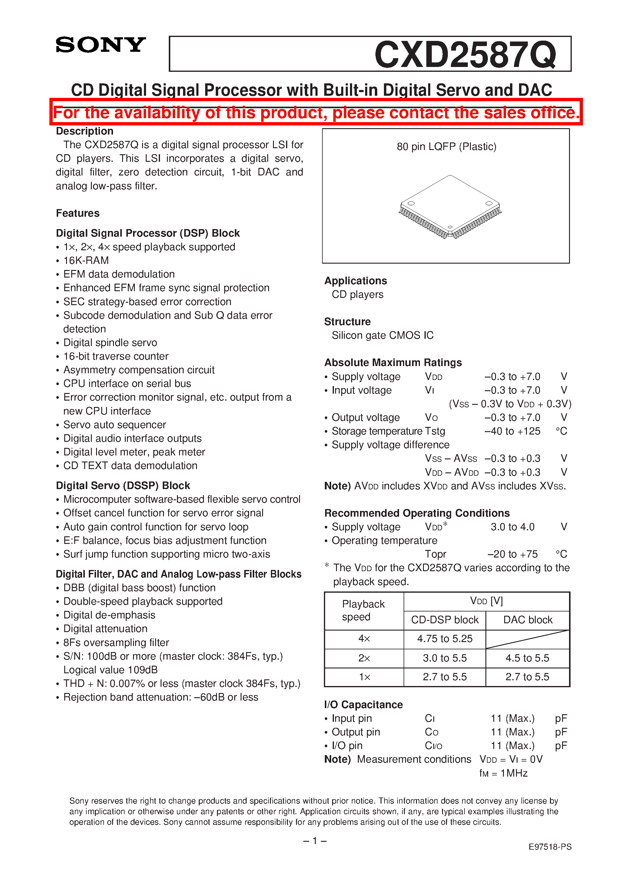 Datasheet CXD2587Q - CD Digital Signal Processor with Built-in Digital Servo and DAC page 1