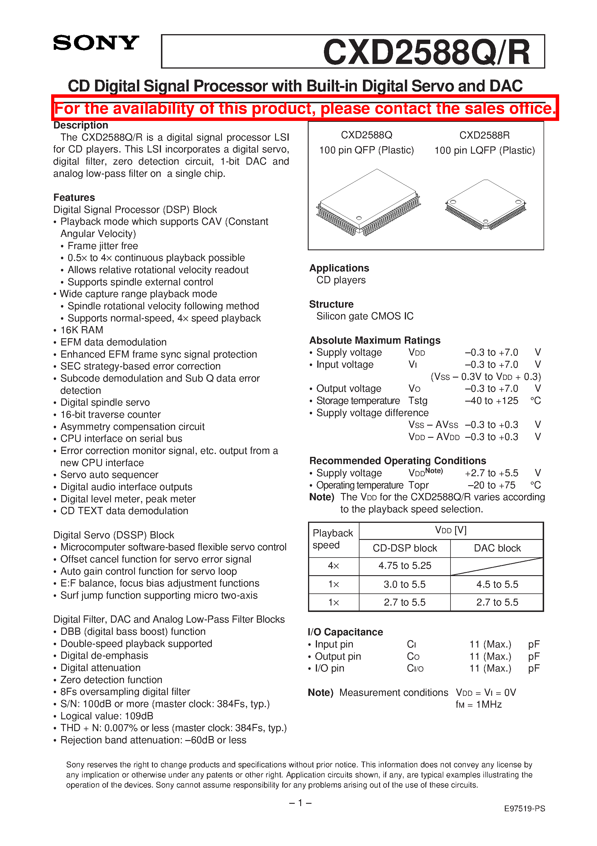 Datasheet CXD2588R - CD Digital Signal Processor with Built-in Digital Servo and DAC page 1