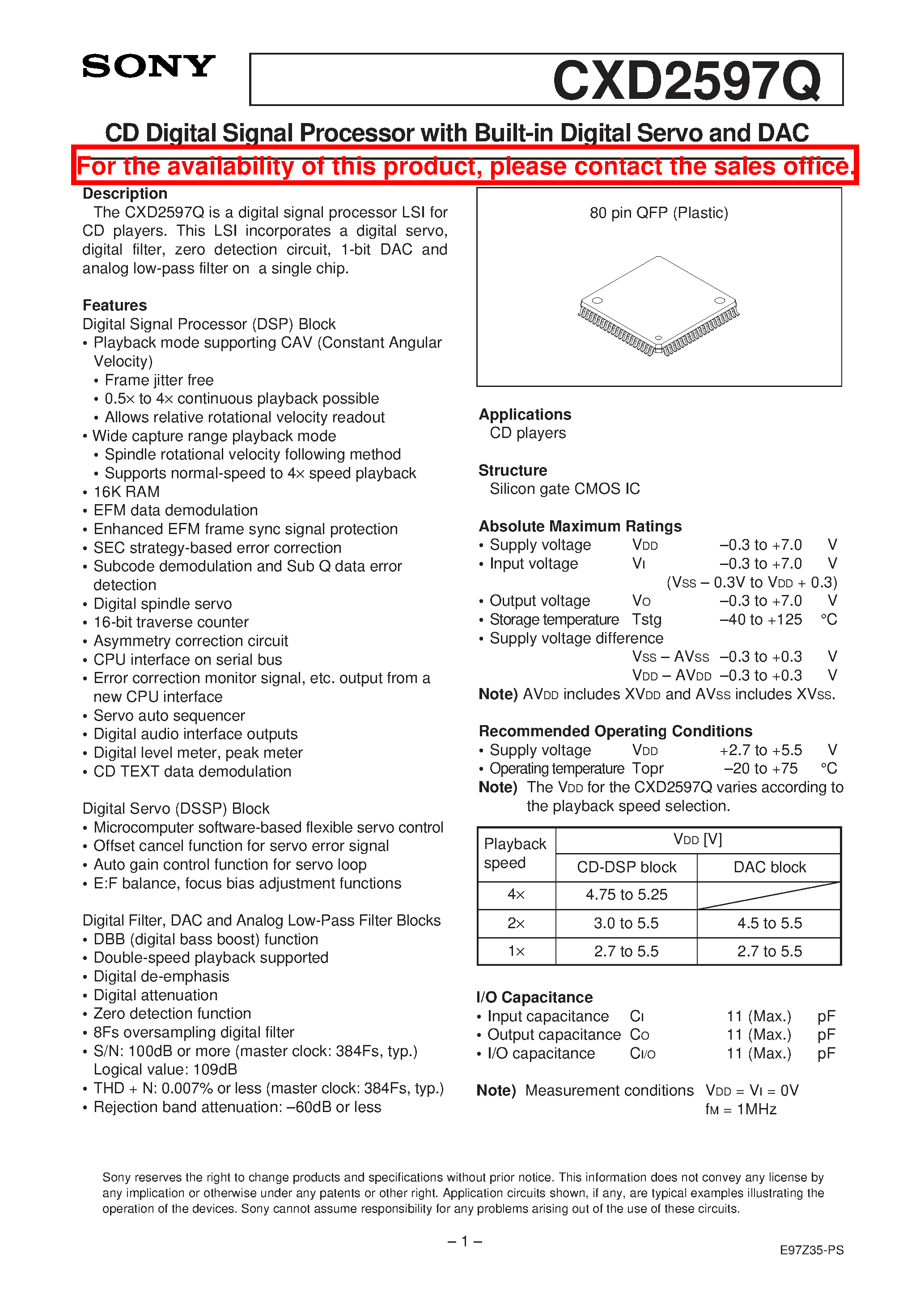 Datasheet CXD2597Q - CD Digital Signal Processor with Built-in Digital Servo and DAC page 1