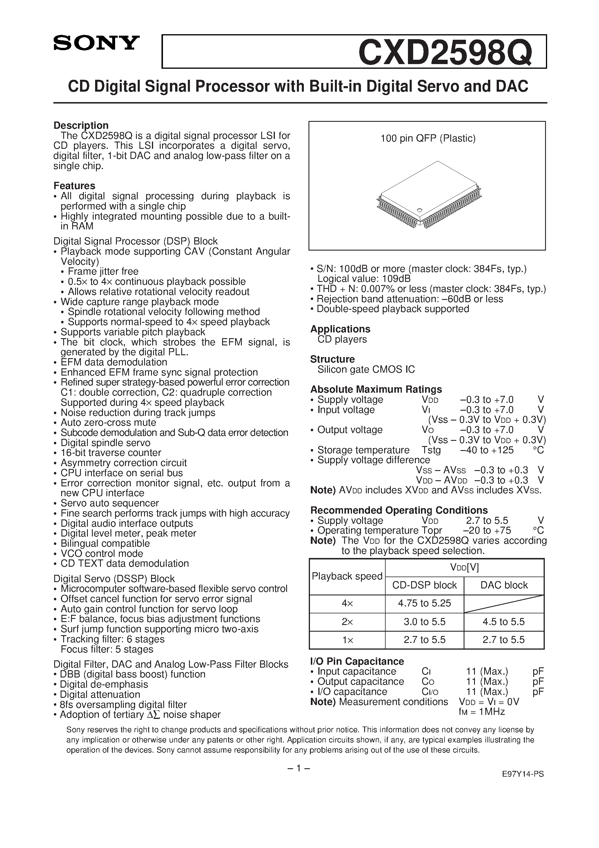 Datasheet CXD2598 - CD Digital Signal Processor with Built-in Digital Servo and DAC page 1