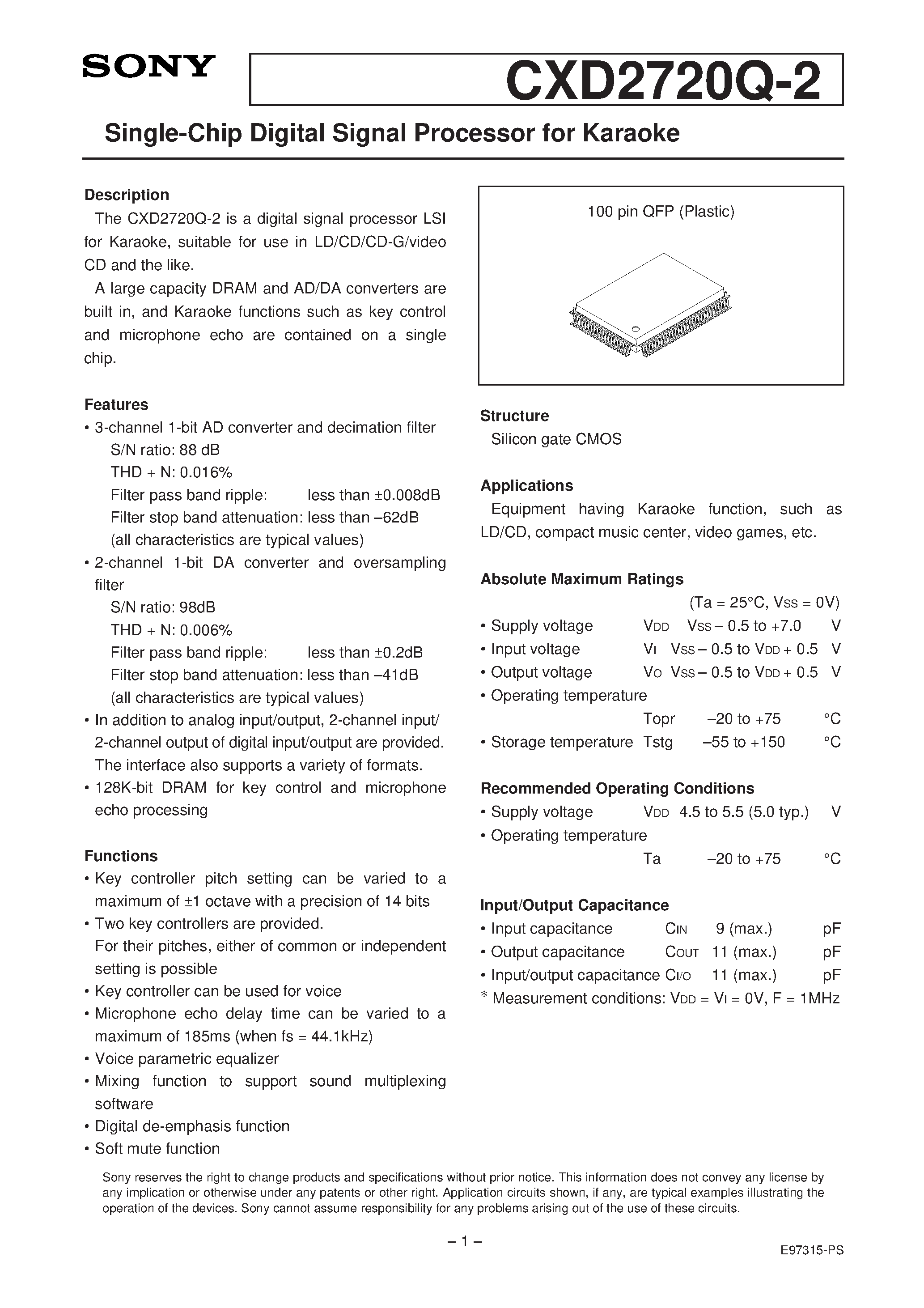 Datasheet CXD2720Q-2 - Single-Chip Dolby Pro Logic Surround Decoder page 1