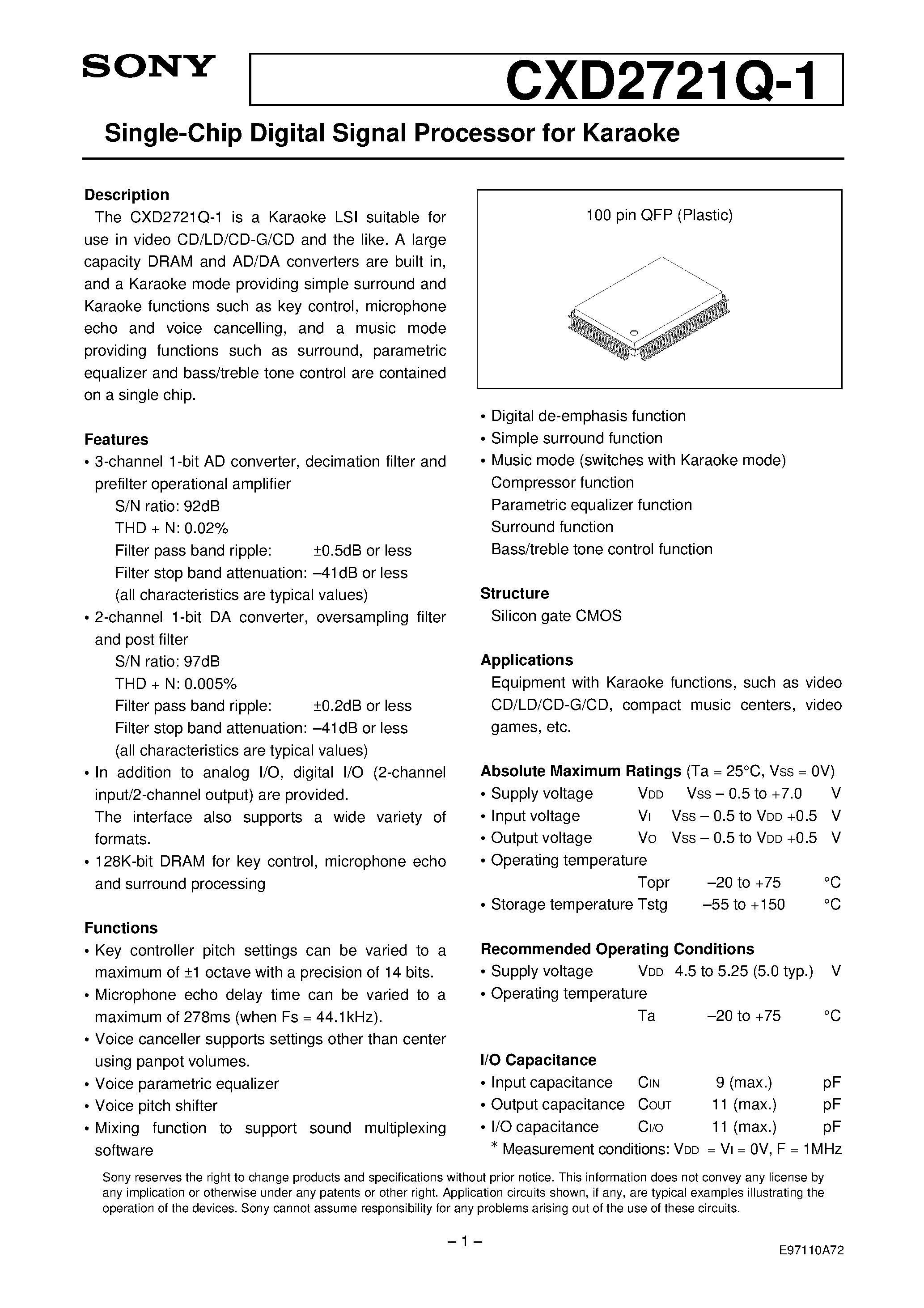 Даташит CXD2721Q-1 - Single-Chip Digital Signal Processor for Karaoke страница 1
