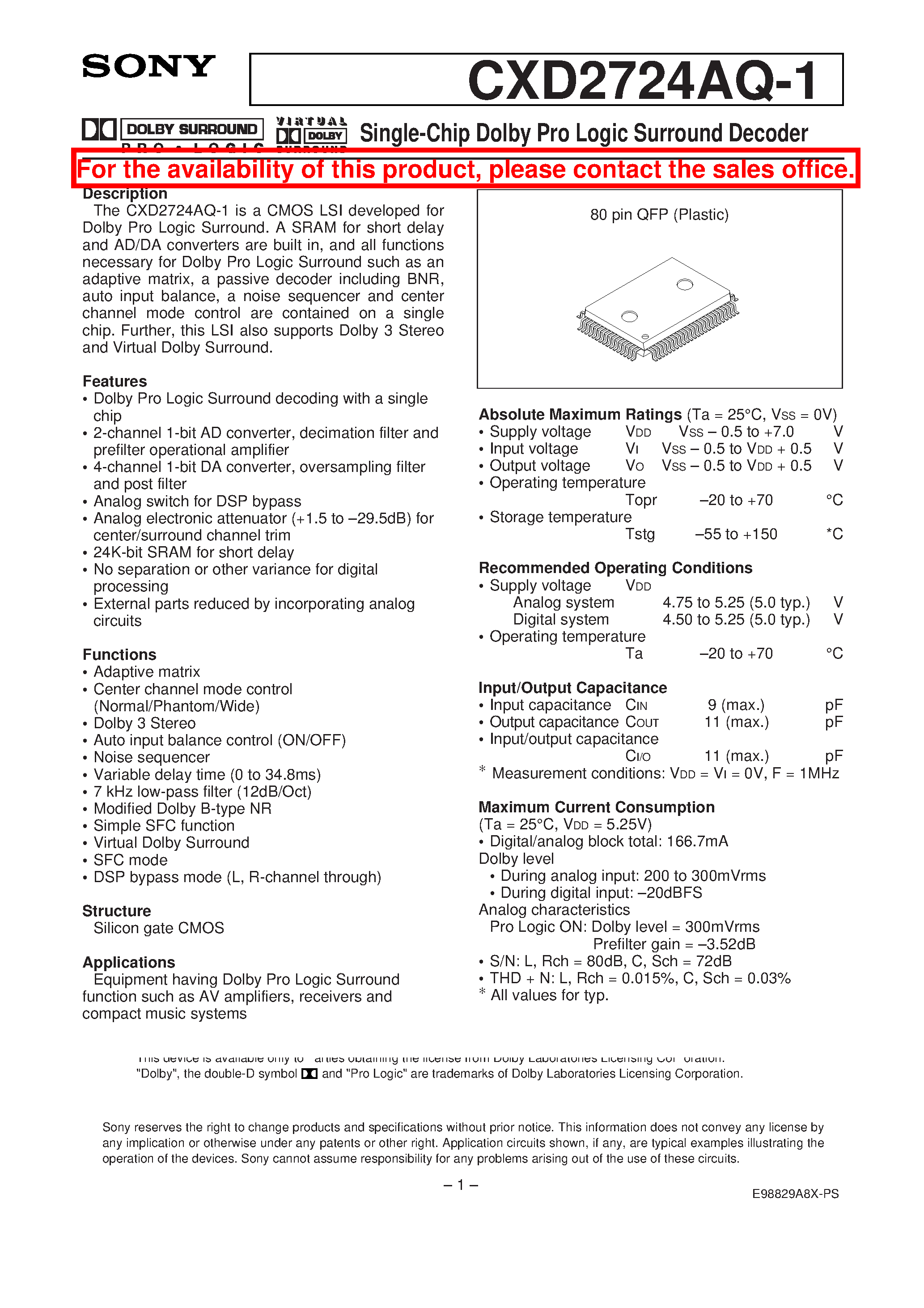 Даташит CXD2724AQ-1 - Single-Chip Dolby Pro Logic Surround Decoder страница 1