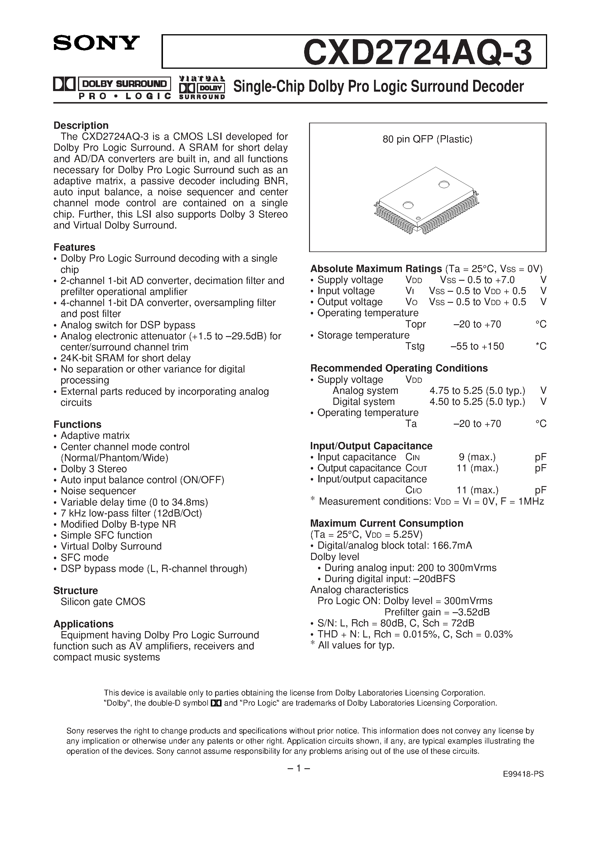 Datasheet CXD2724AQ-3 page 1 Datasheet CXD2724AQ-3 - Single-Chip Dolby Pro Logic Surround Decoder page 1