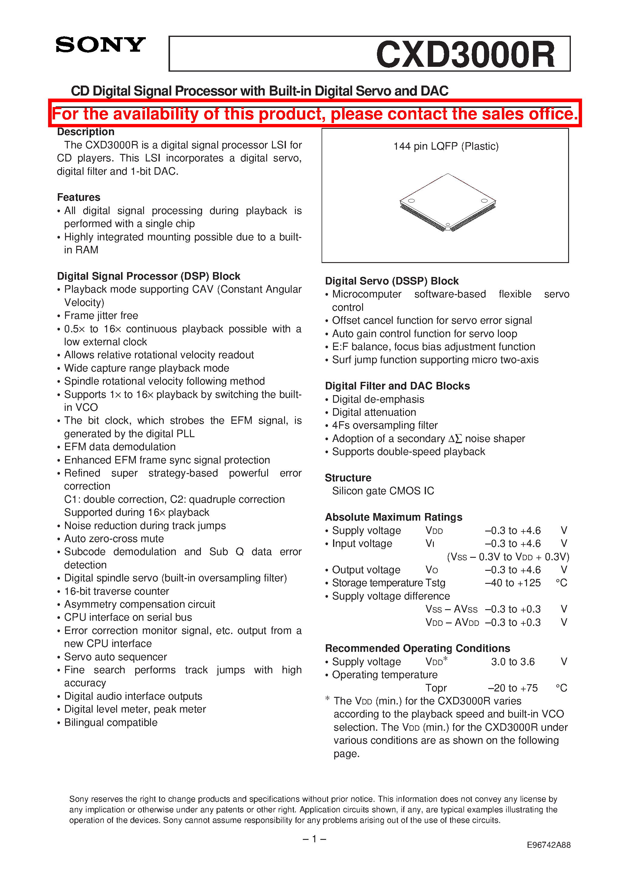 Datasheet CXD3000R - CD Digital Signal Processor with Built-in Digital Servo and DAC page 1