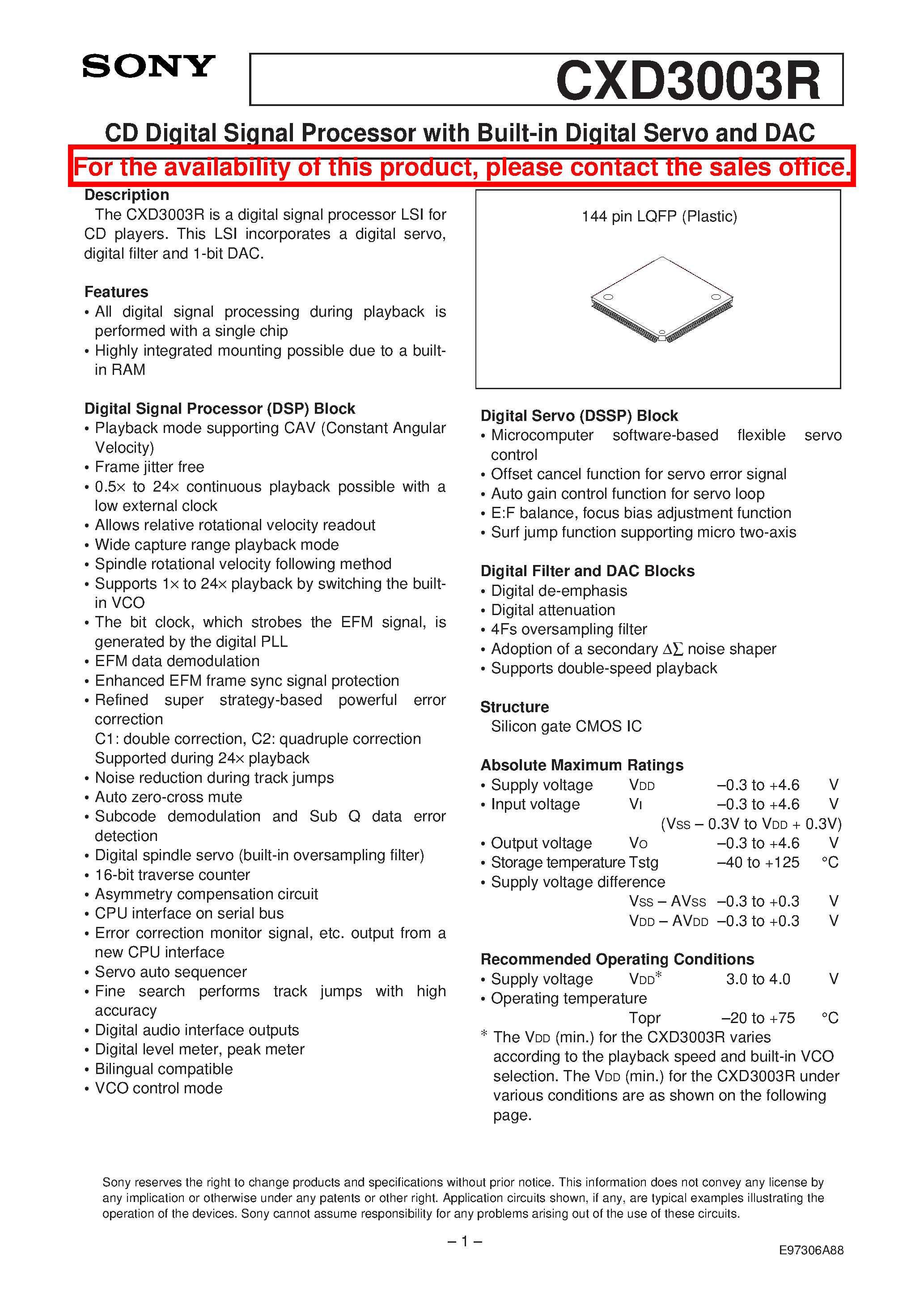 Datasheet CXD3003 - CD Digital Signal Processor with Built-in Digital Servo and DAC page 1