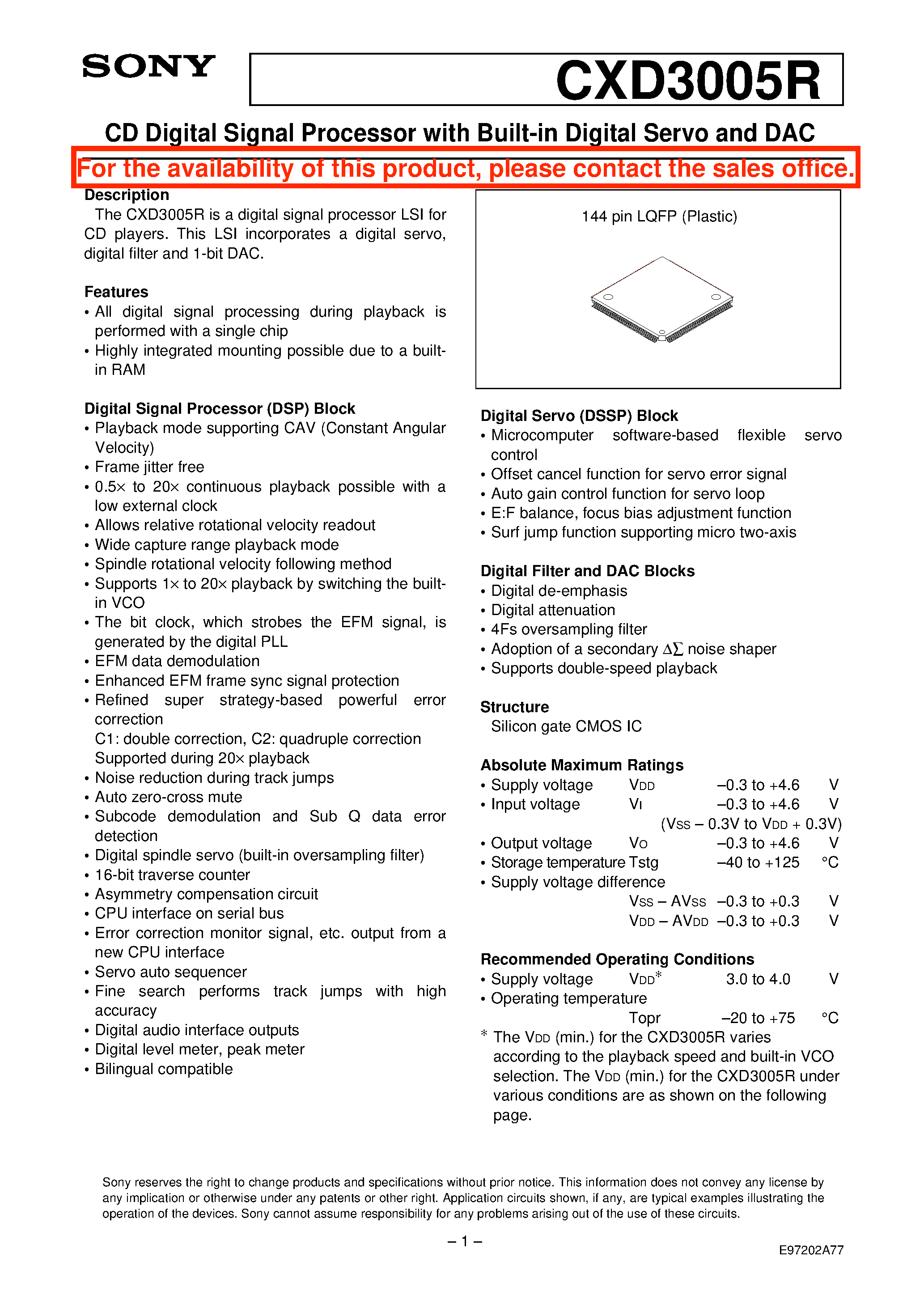 Datasheet CXD3005R - CD Digital Signal Processor with Built-in Digital Servo and DAC page 1