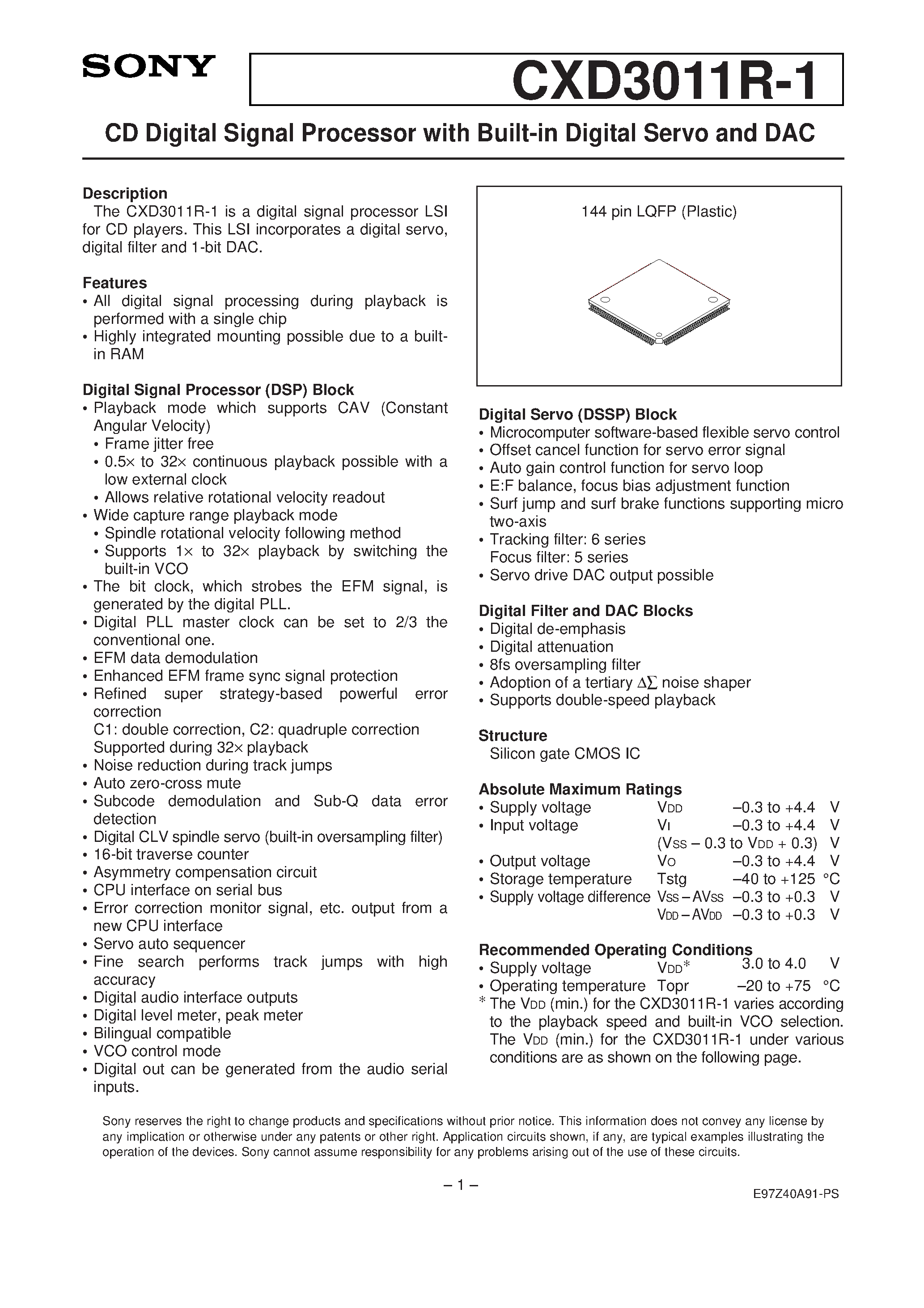 Datasheet CXD3011R-1 - CD Digital Signal Processor with Built-in Digital Servo and DAC page 1