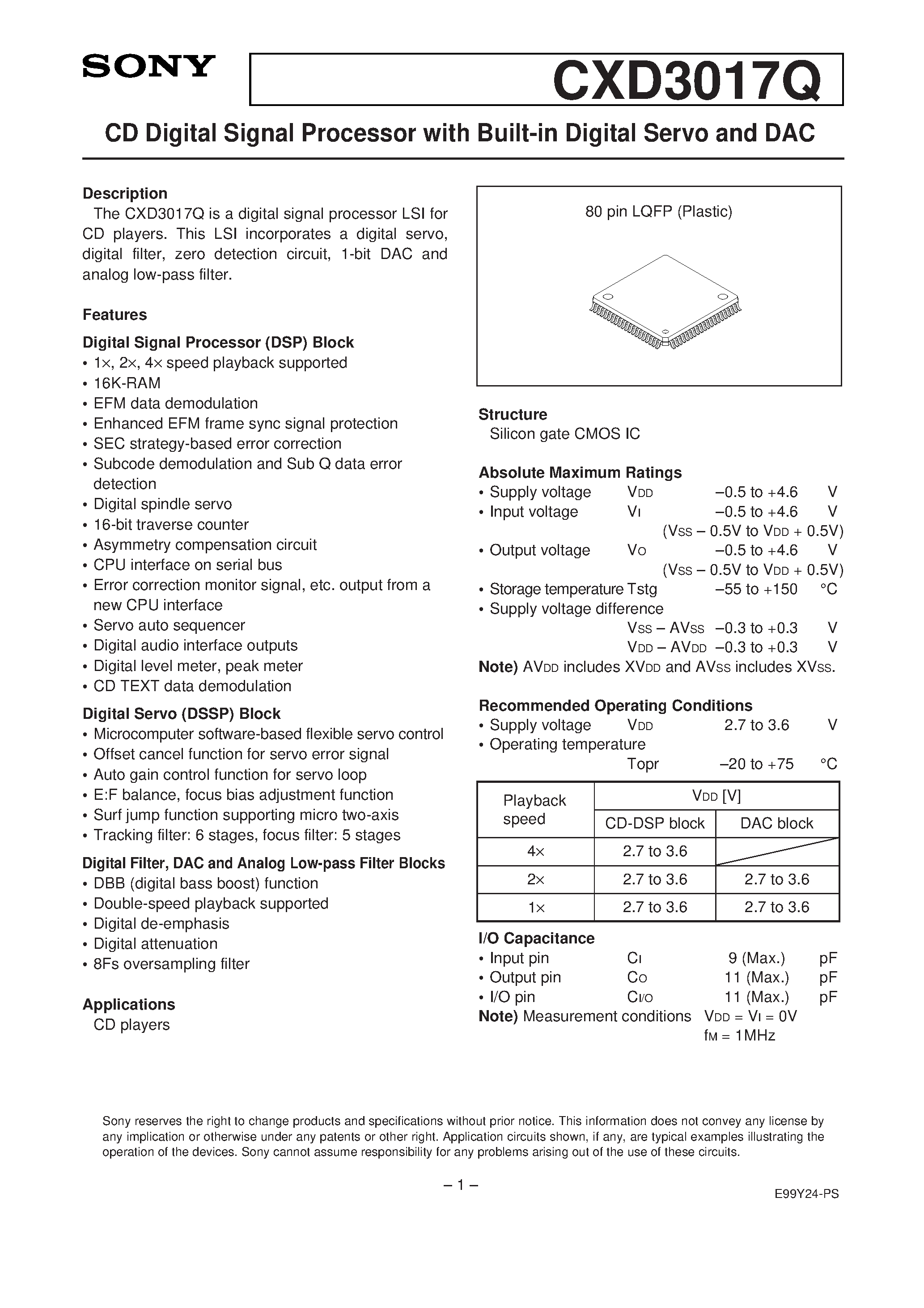 Datasheet CXD3017Q - CD Digital Signal Processor with Built-in Digital Servo and DAC page 1