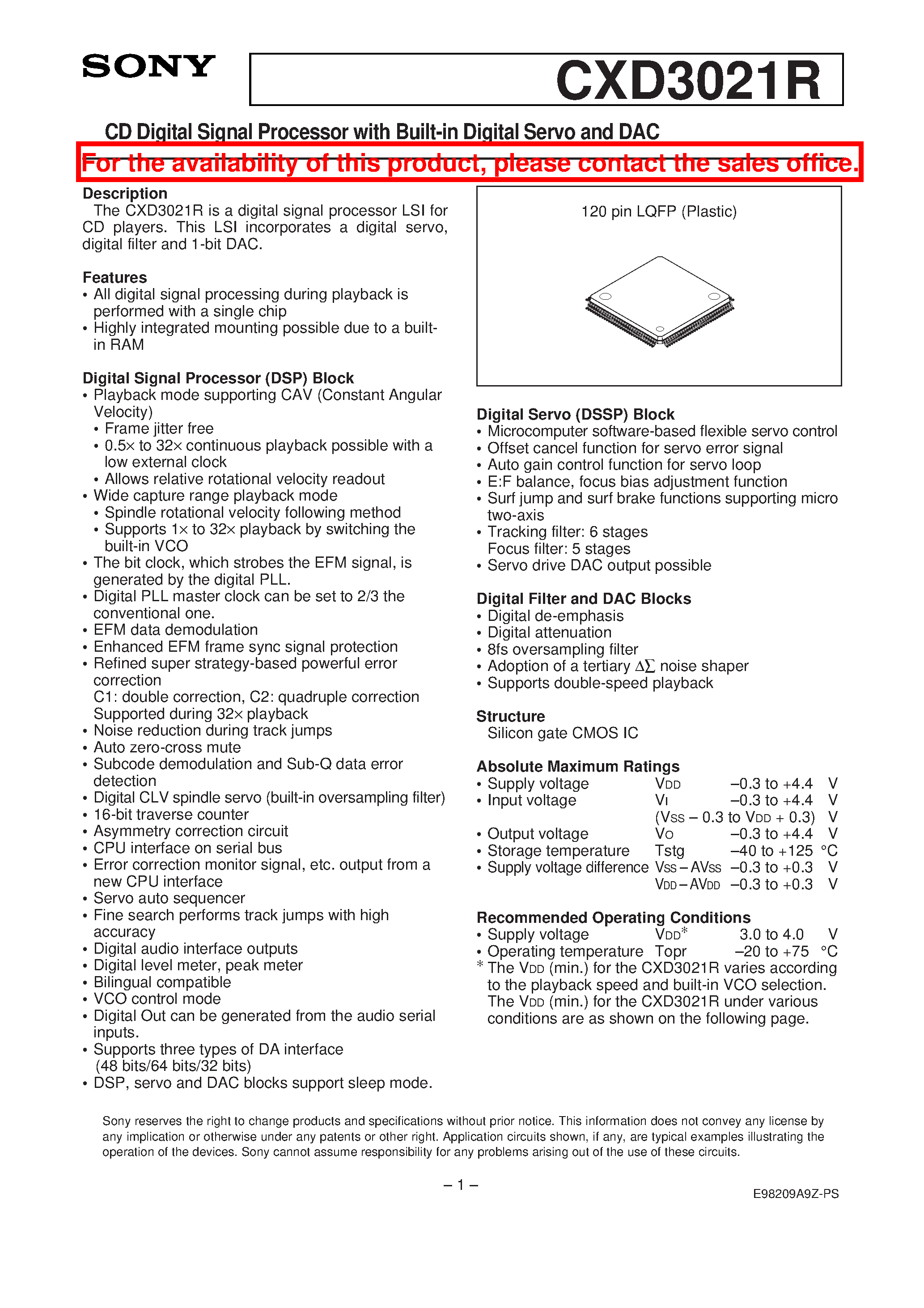Datasheet CXD3021 - CD Digital Signal Processor with Built-in Digital Servo and DAC page 1
