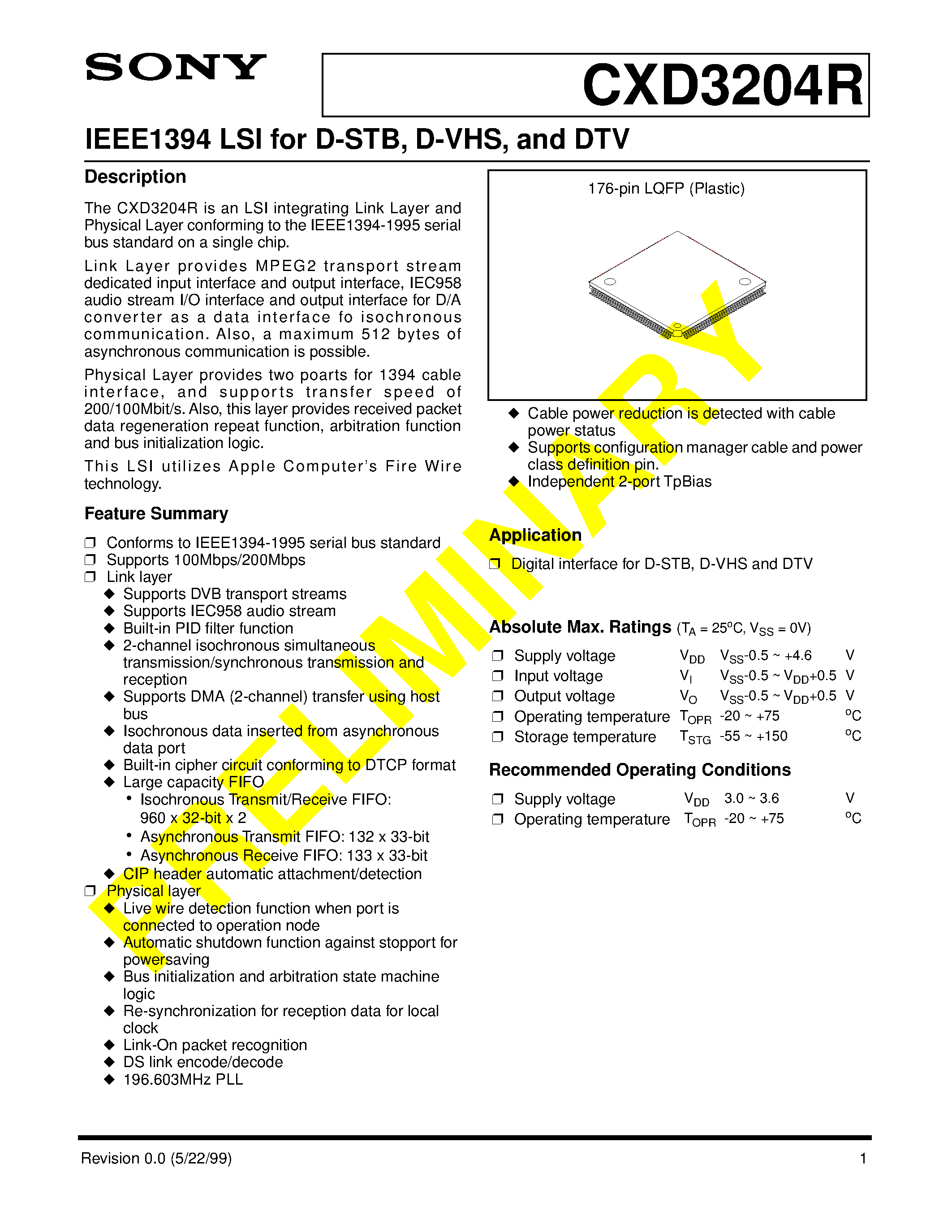 Datasheet CXD3204R - IEEE1394 LSI for D-STB/ D-VHS/ and DTV page 1