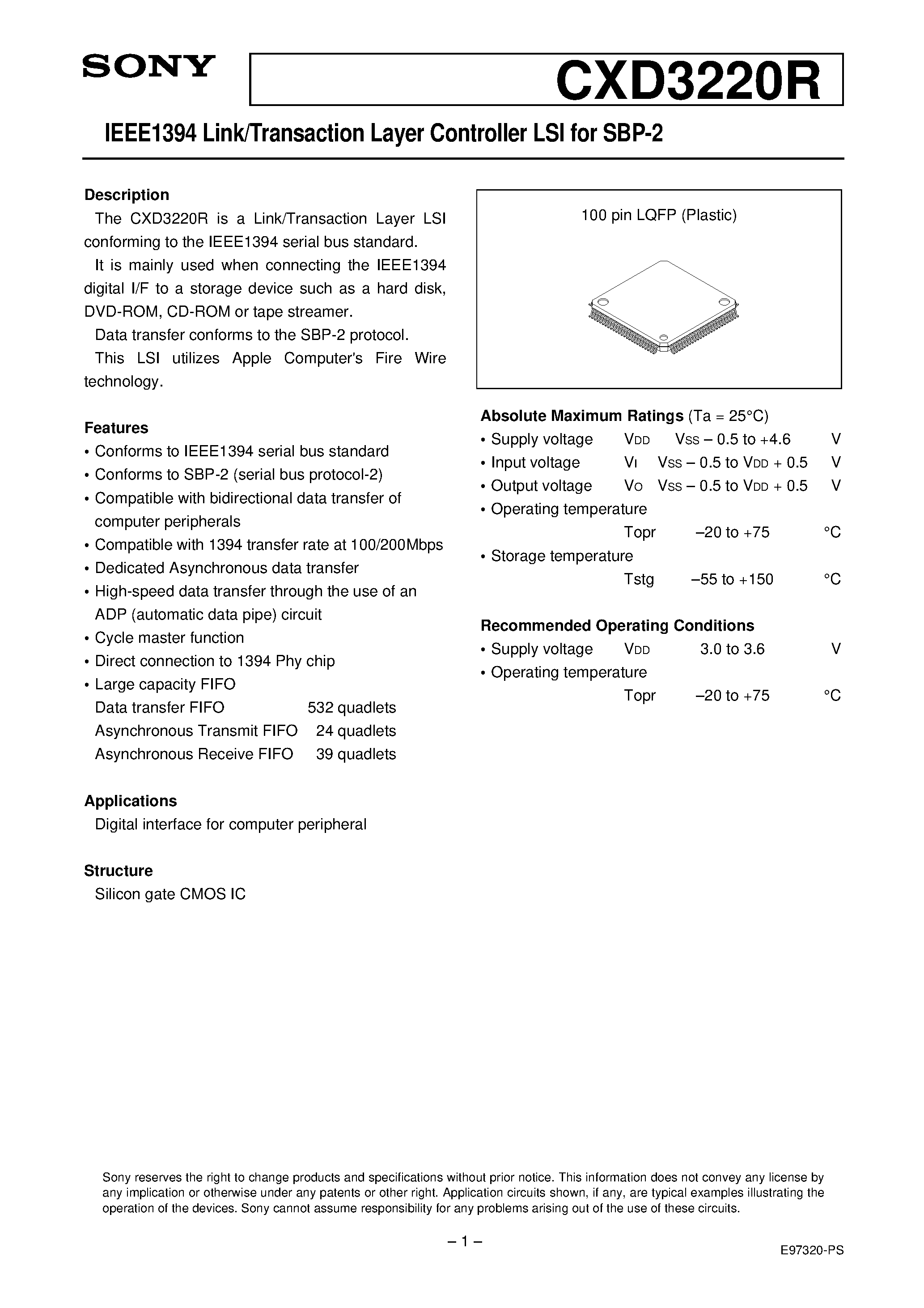 Даташит CXD3220R - IEEE1394 Link/Transaction Layer Controller LSI for SBP-2 страница 1