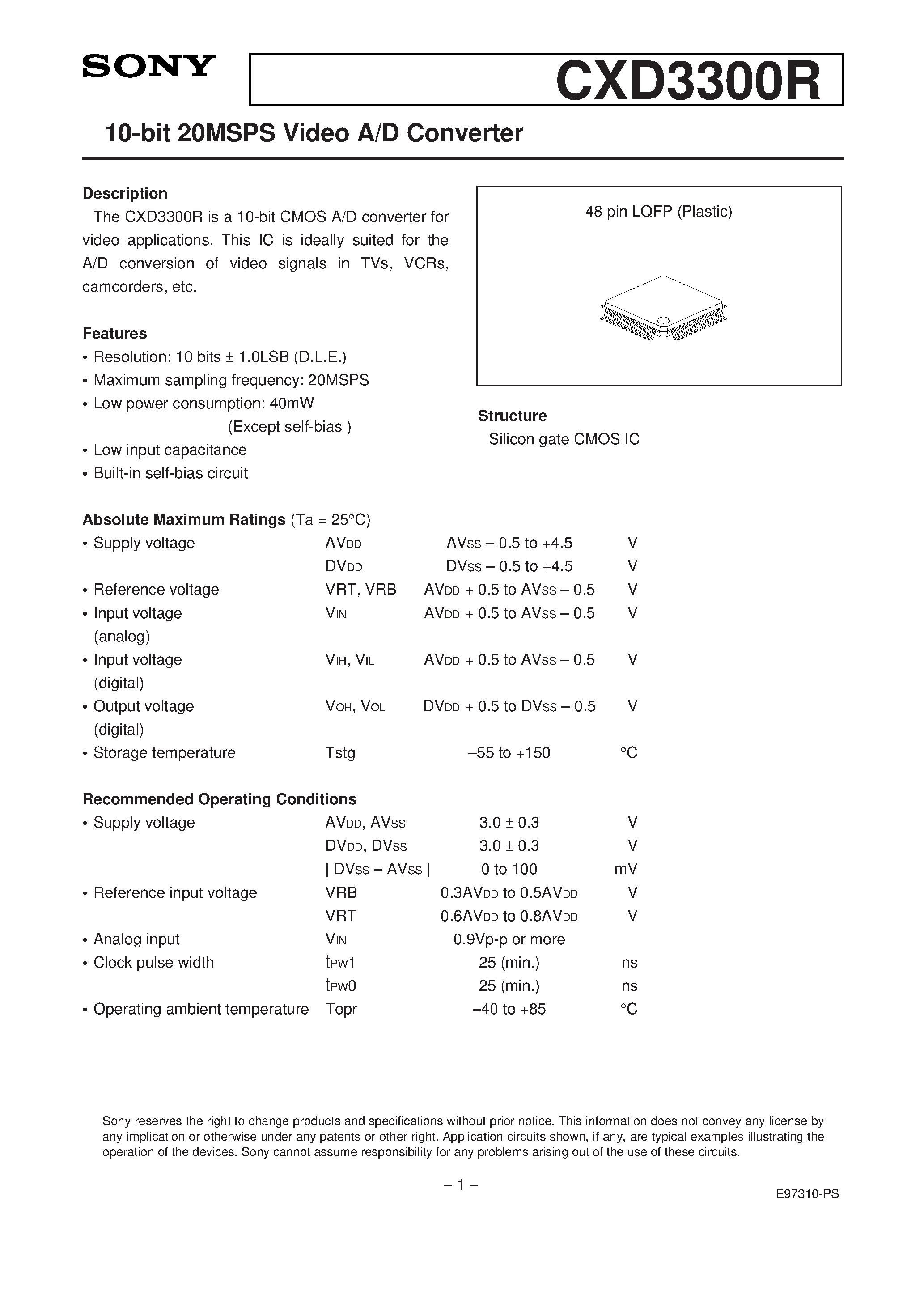 Datasheet CXD3300R page 1 Datasheet CXD3300R - 10-bit 20MSPS Video A/D Converter page 1