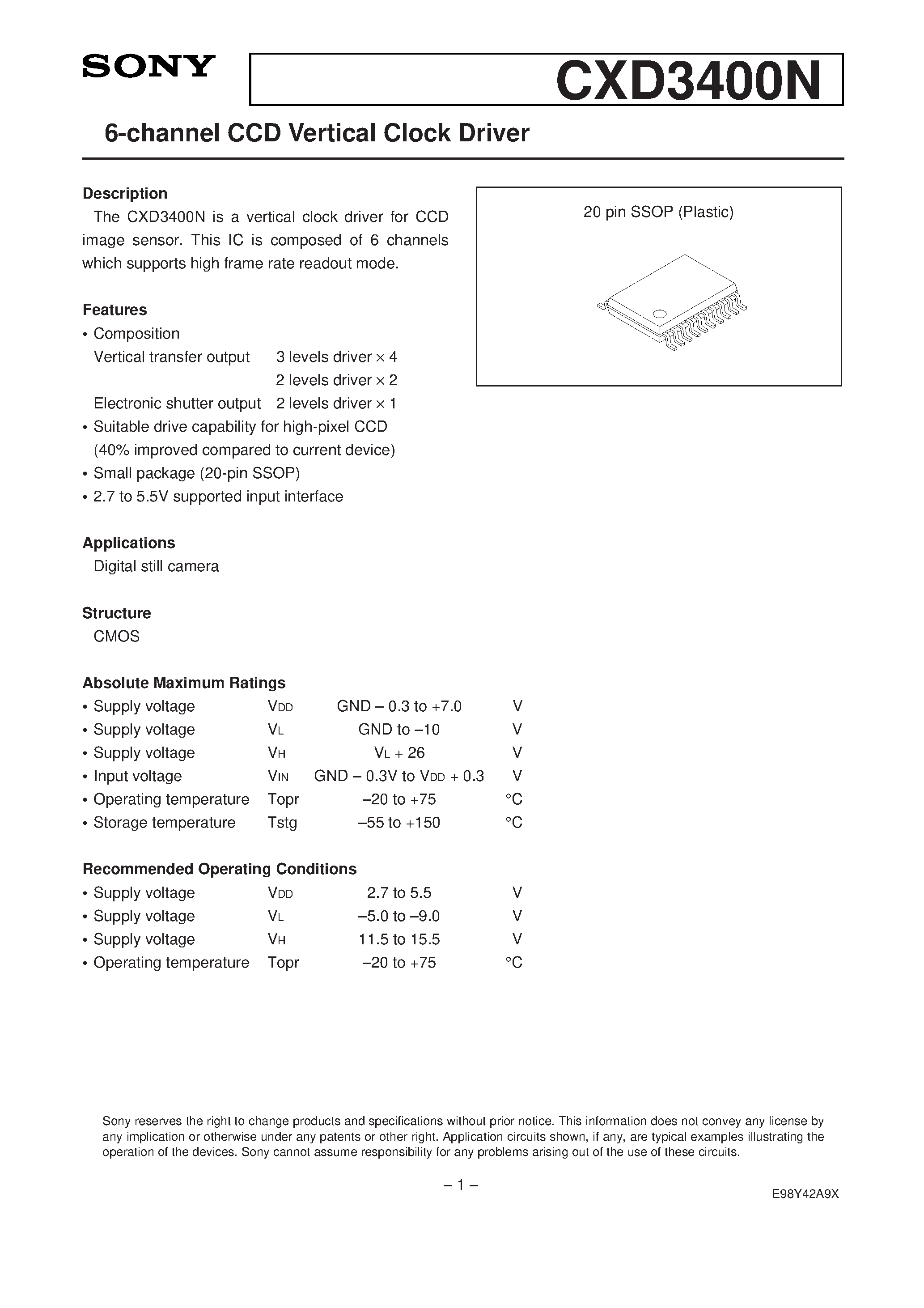 Datasheet CXD3400N - 6-channel CCD Vertical Clock Driver page 1