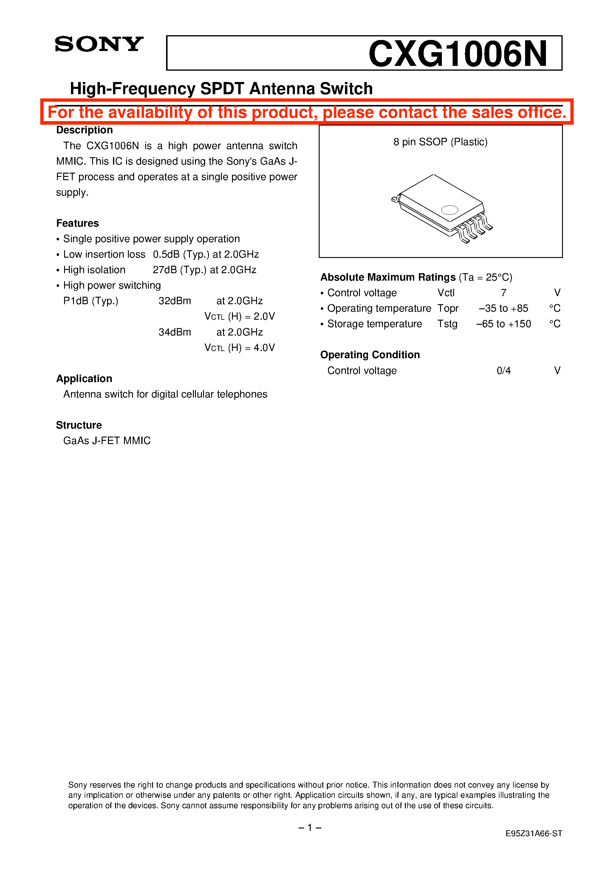 Даташит на микросхему CXG1006N страница 1 Даташит CXG1006N - GSM900/1800/1900 SPDT TX/RX Switch страница 1