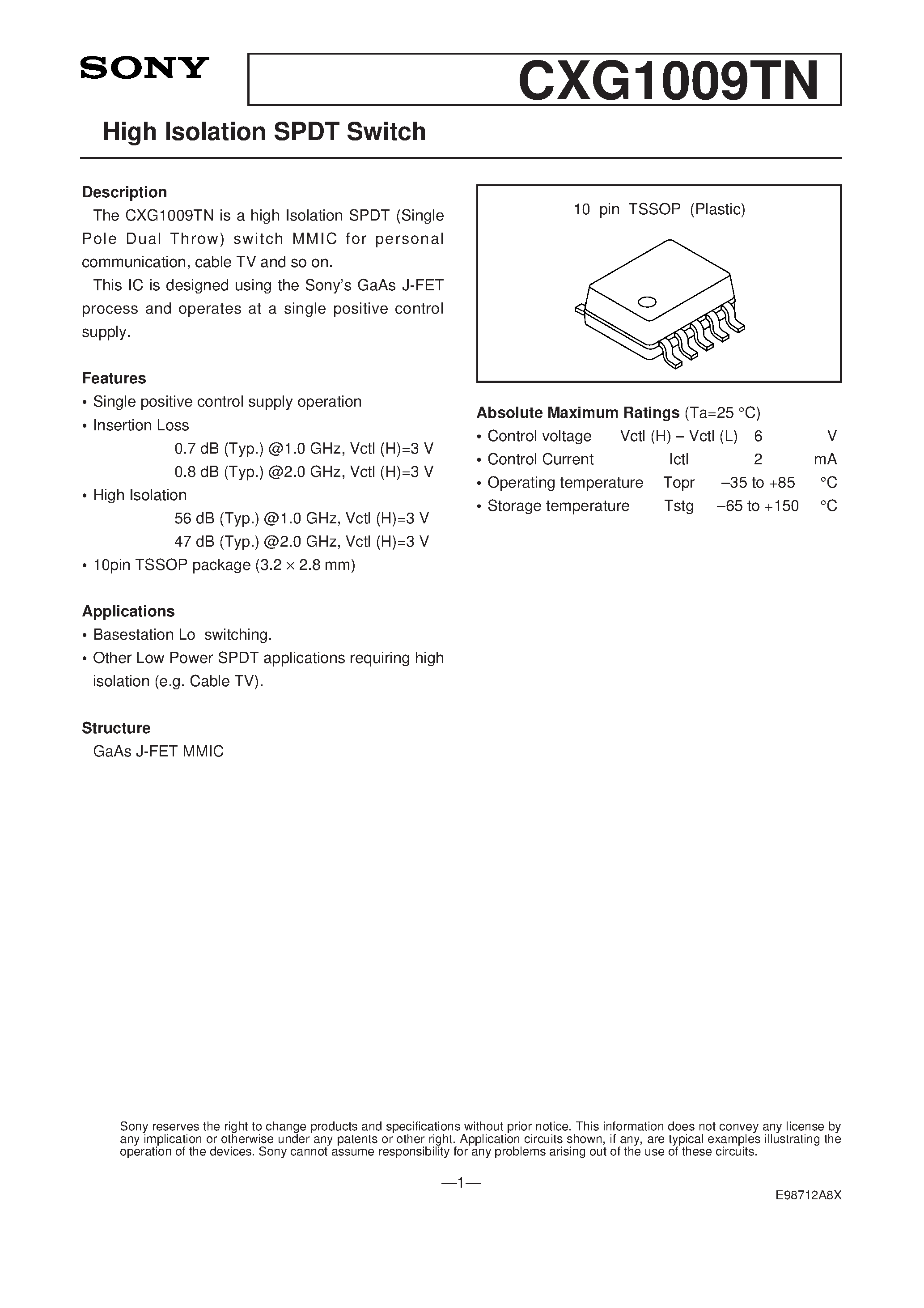 Даташит CXG1009TN - High Isolation SPDT Switch страница 1