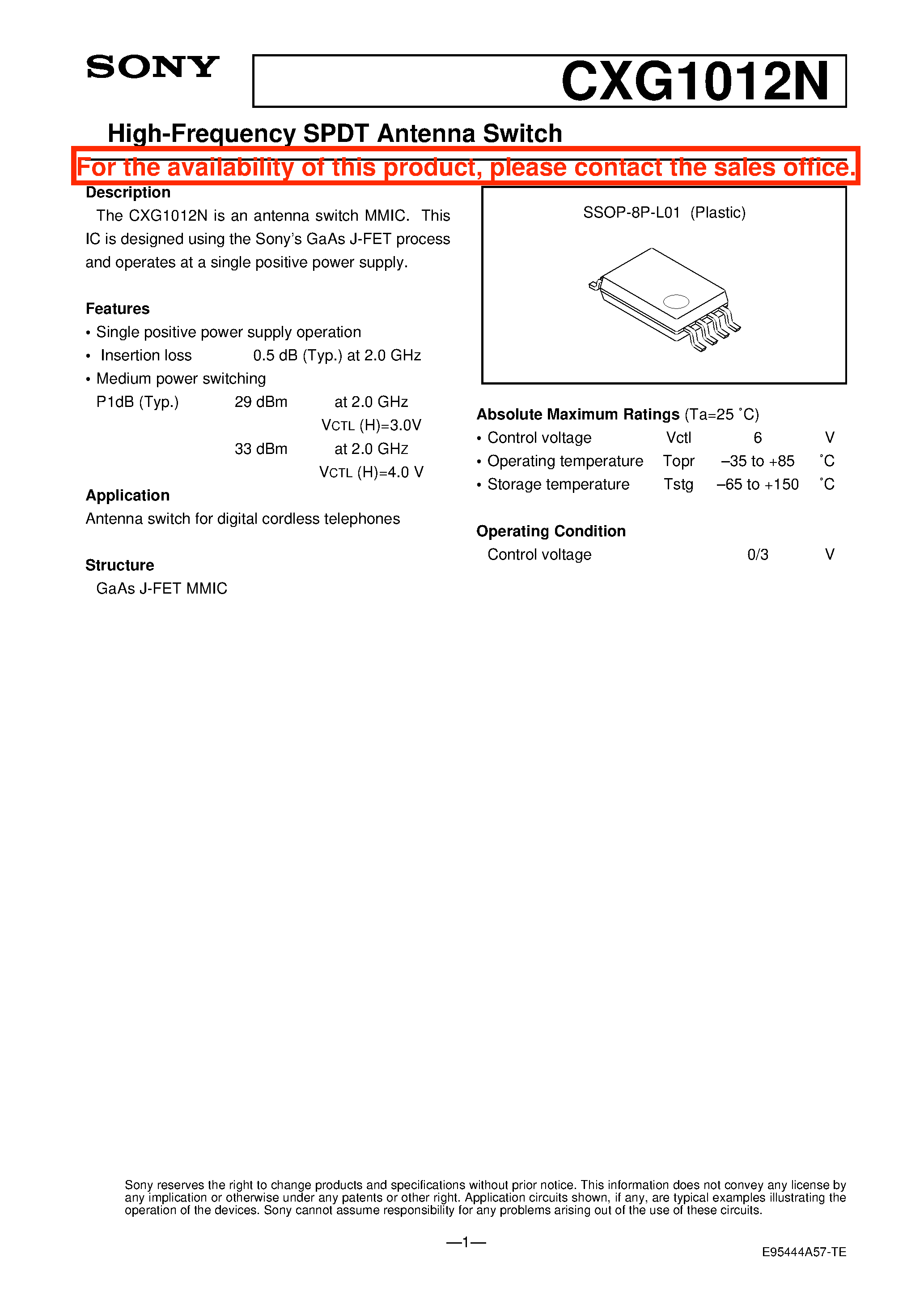Даташит на микросхему CXG1012N страница 1 Даташит CXG1012N - High-Frequency SPDT Antenna Switch страница 1