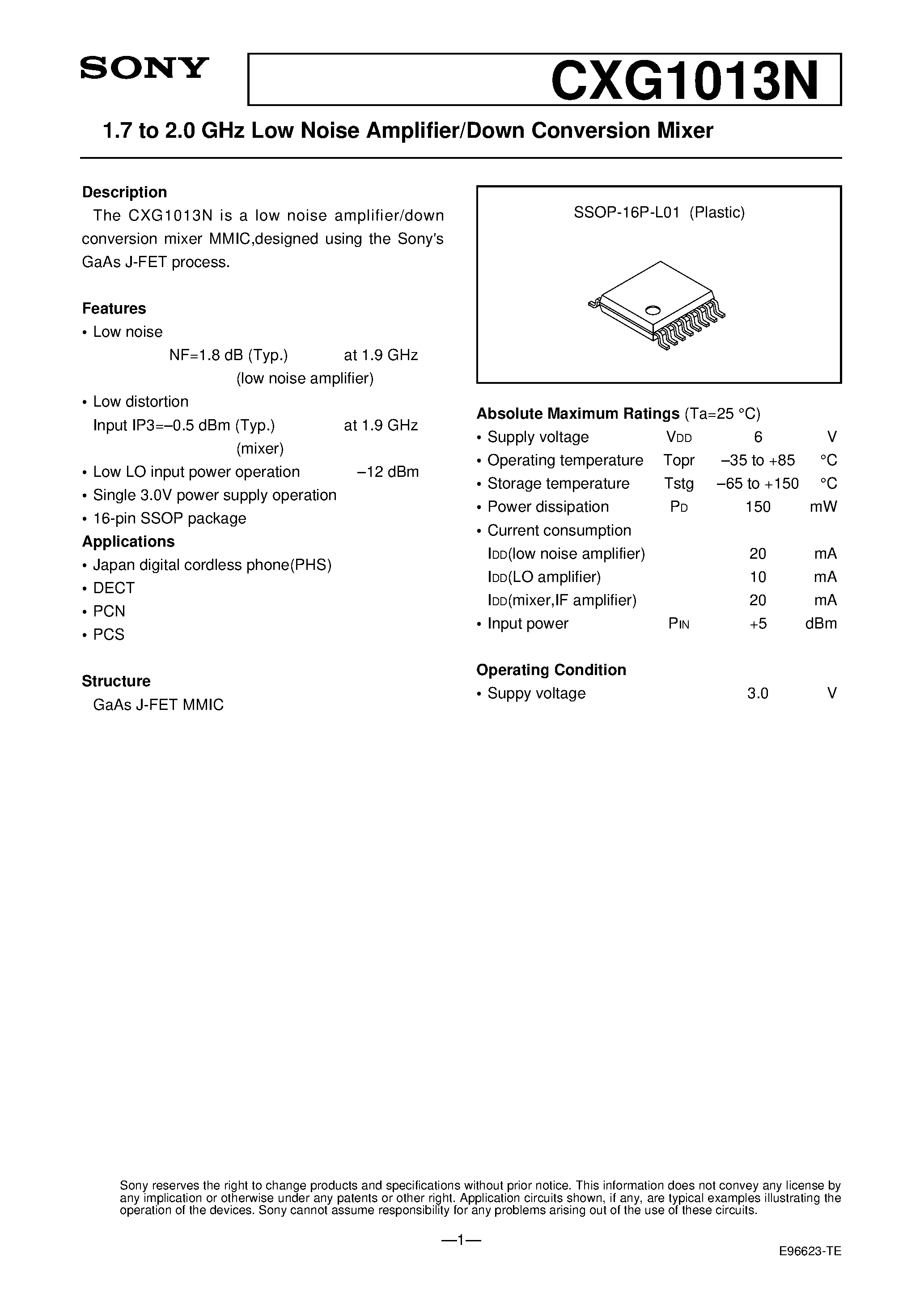 Datasheet CXG1013N - 1.7 to 2.0 GHz Low Noise Amplifier/Down Conversion Mixer page 1