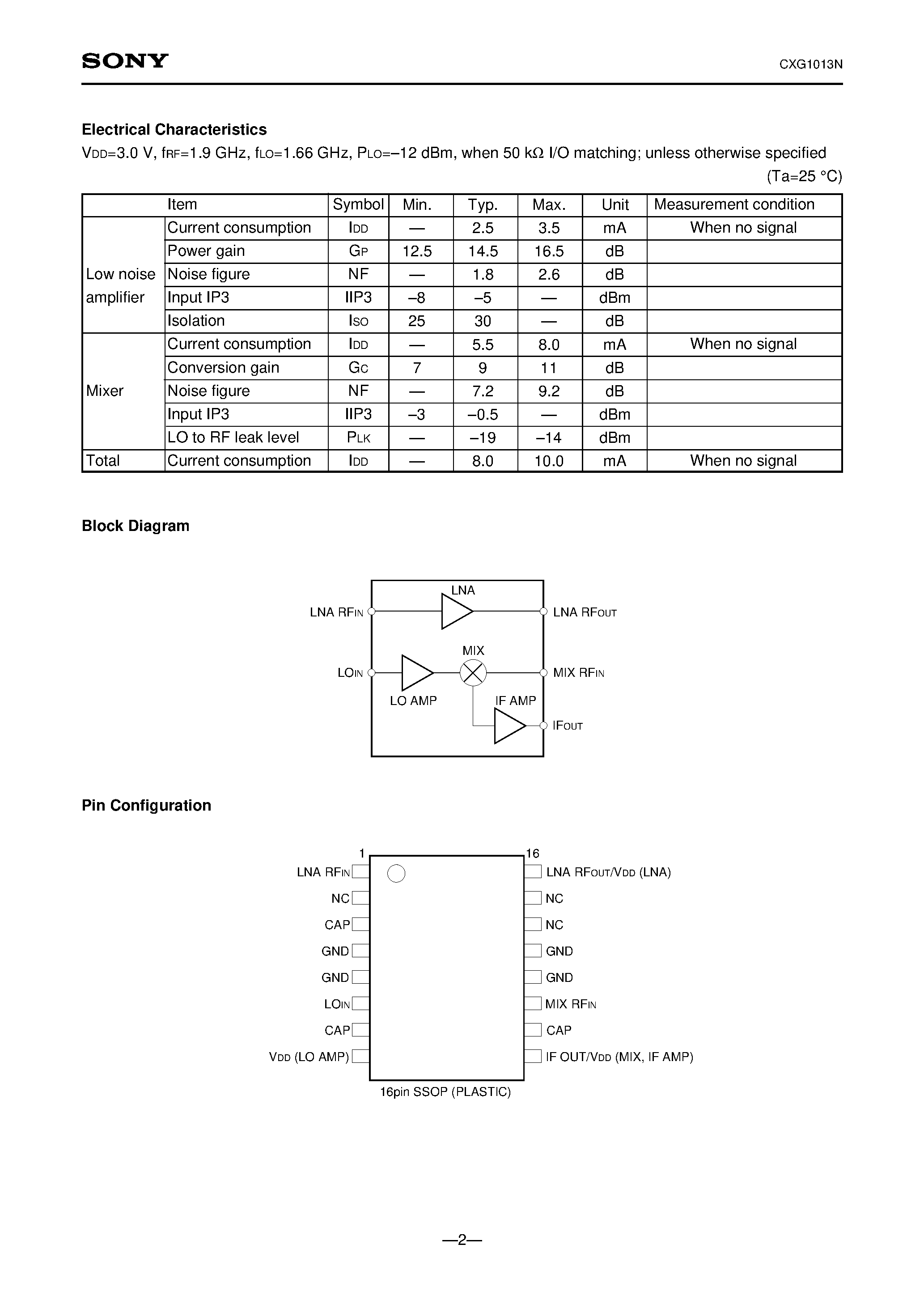 Datasheet CXG1013N - 1.7 to 2.0 GHz Low Noise Amplifier/Down Conversion Mixer page 2