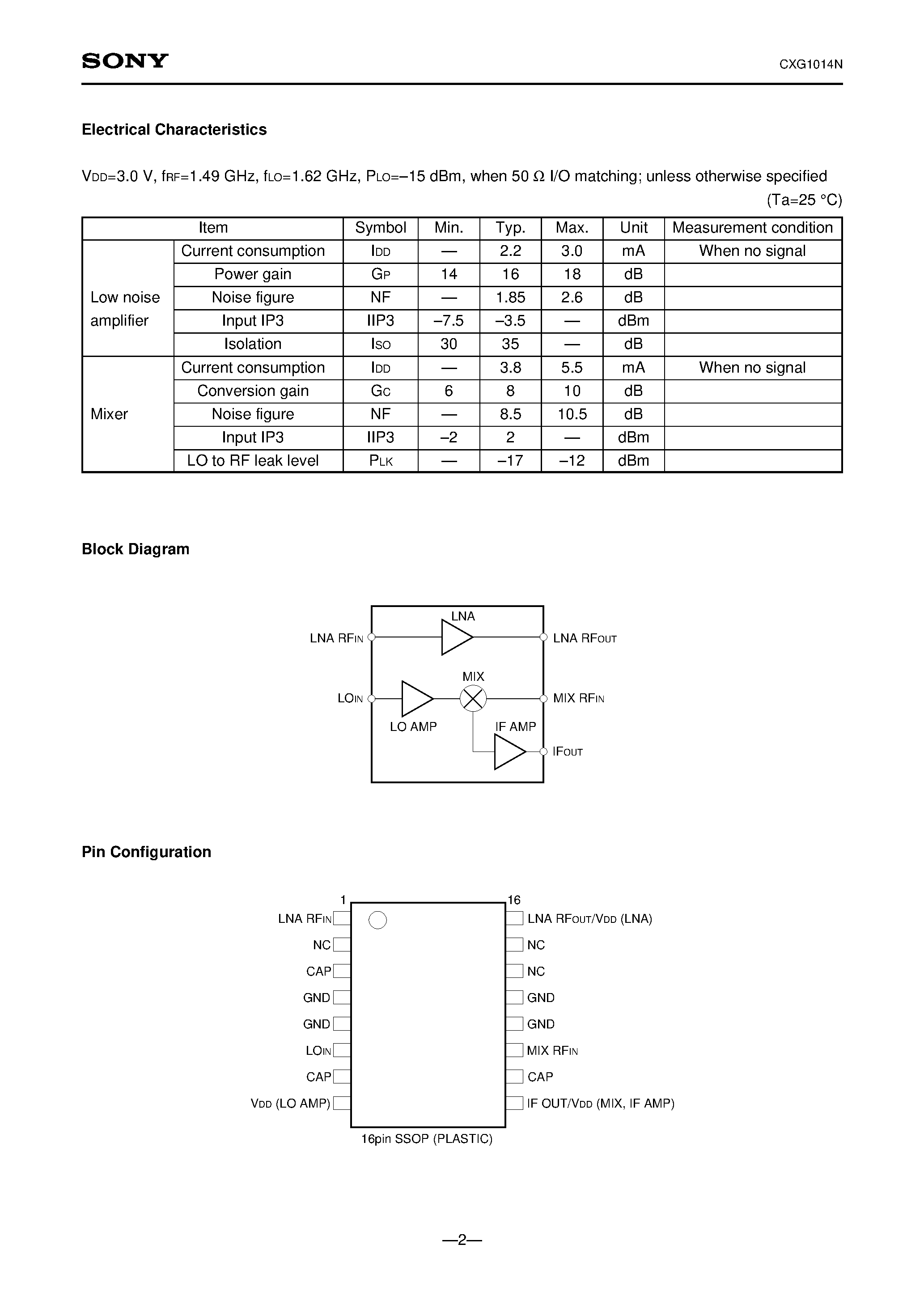 Datasheet CXG1014N page 2 Datasheet CXG1014N - 1.5 GHz Low Noise Amplifier/Down Conversion Mixer page 2