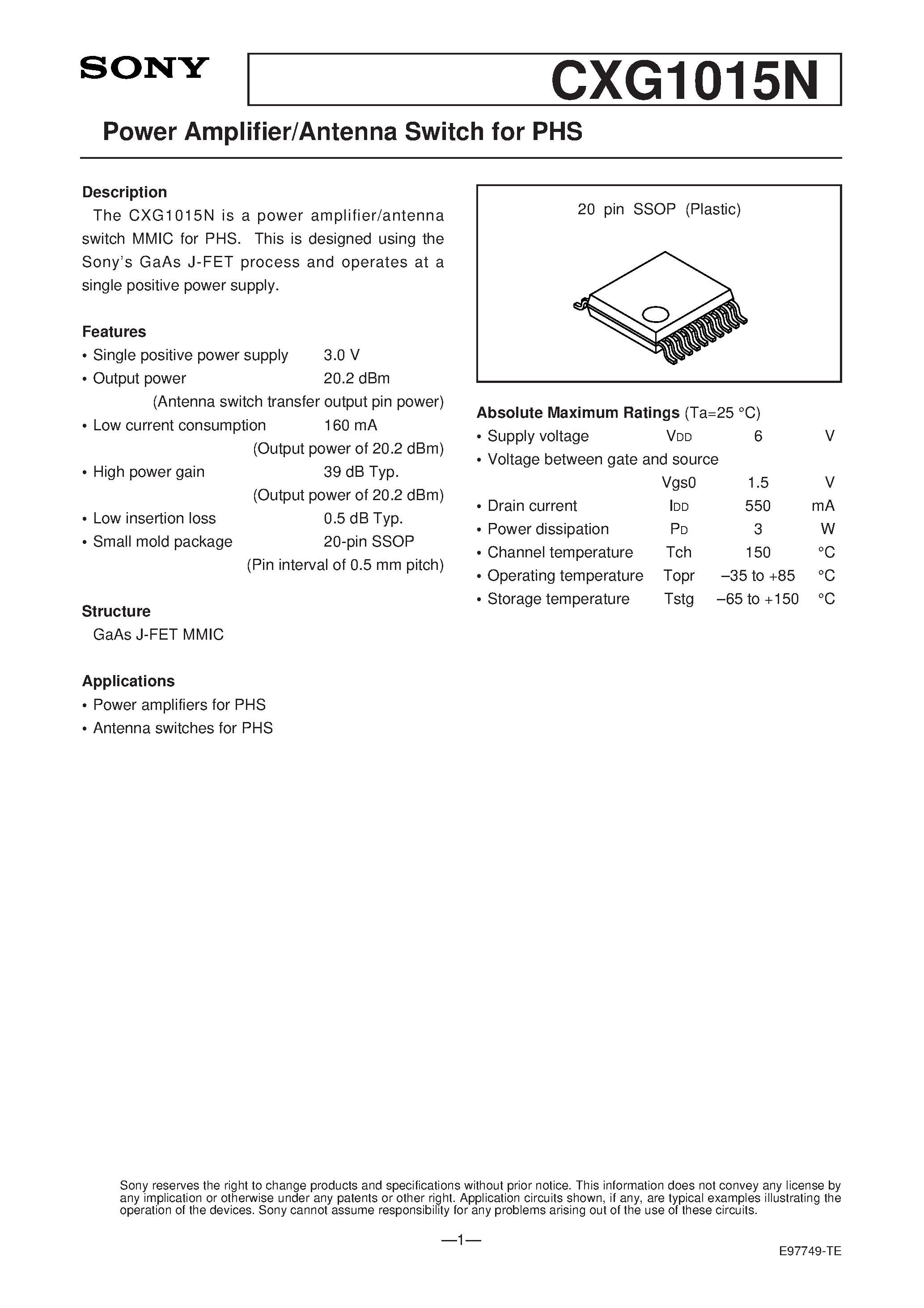 Даташит CXG1015N - Power Amplifier/Antenna Switch for PHS страница 1