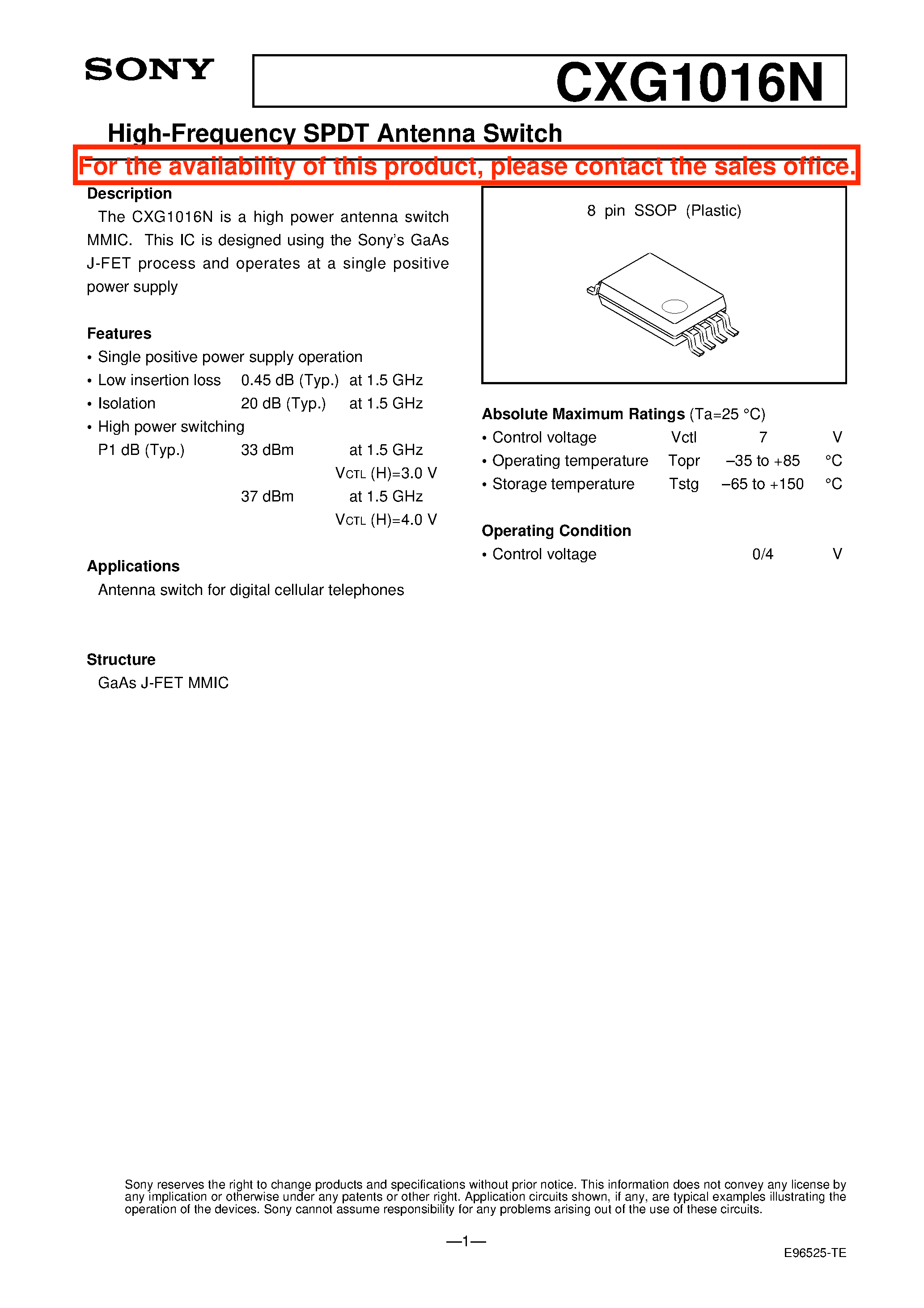 Даташит CXG1016N - High-Frequency SPDT Antenna Switch страница 1