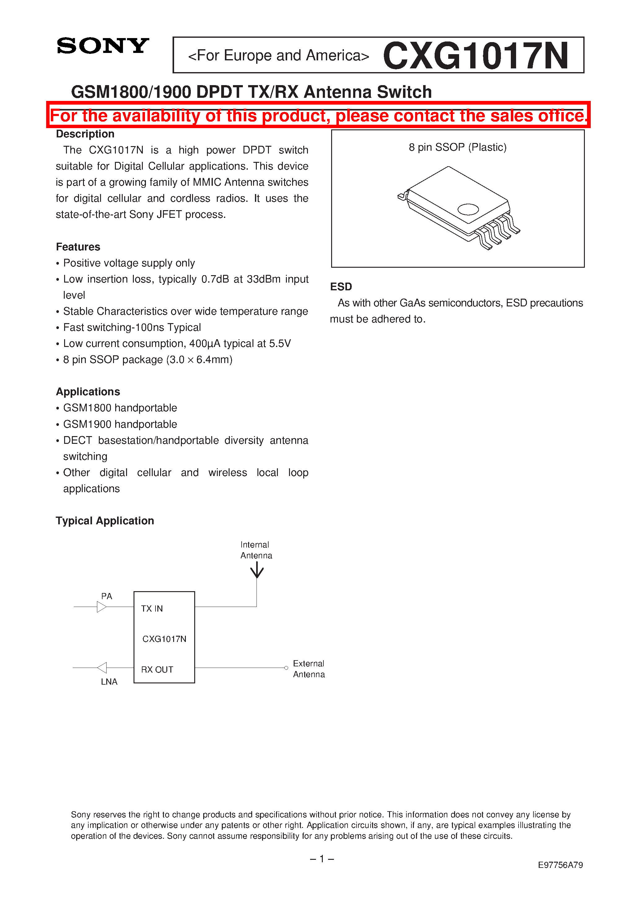 Даташит на микросхему CXG1017N страница 1 Даташит CXG1017N - GSM900/1800/1900 SPDT TX/RX Switch страница 1