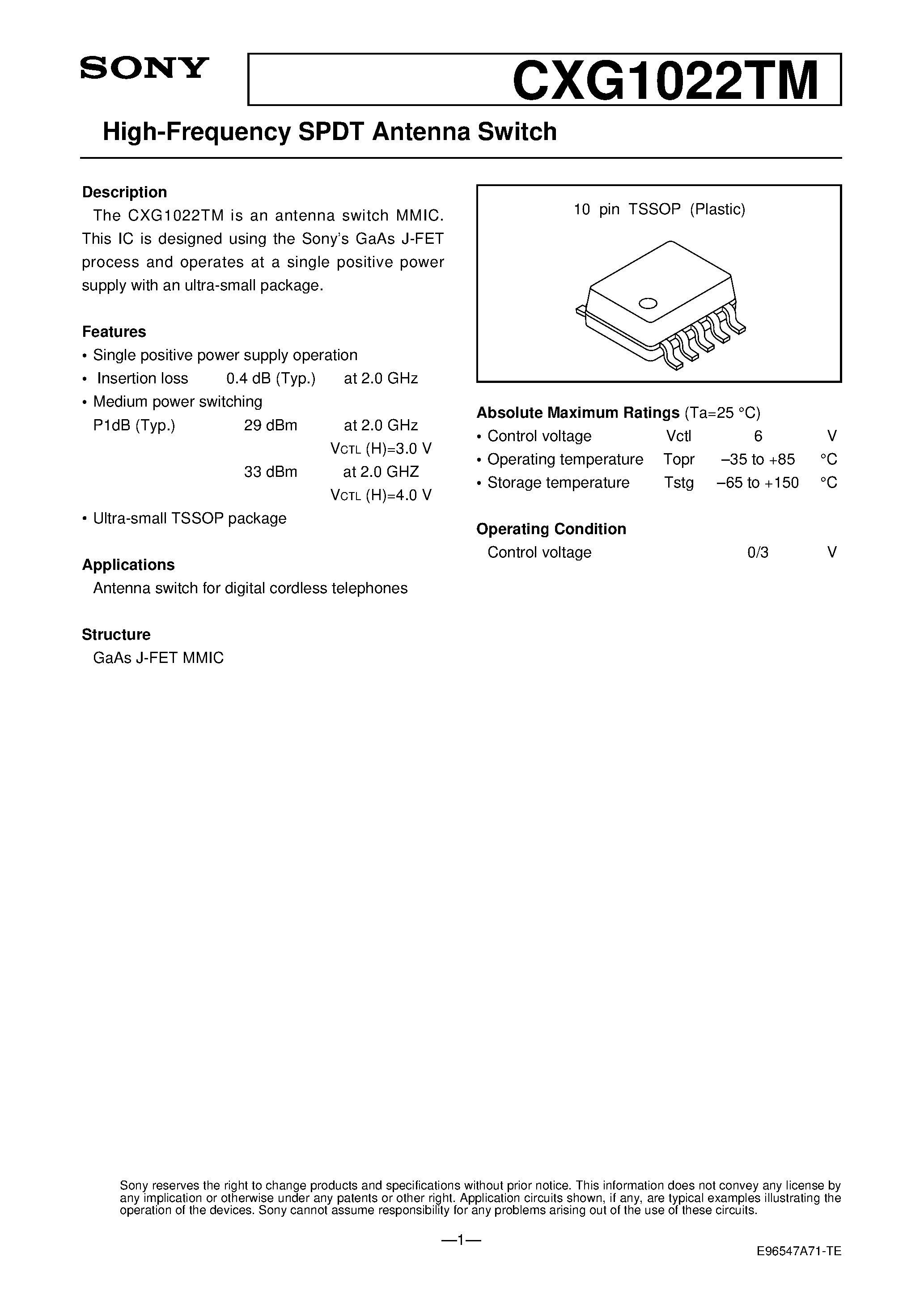 Даташит CXG1022 - High-Frequency SPDT Antenna Switch страница 1
