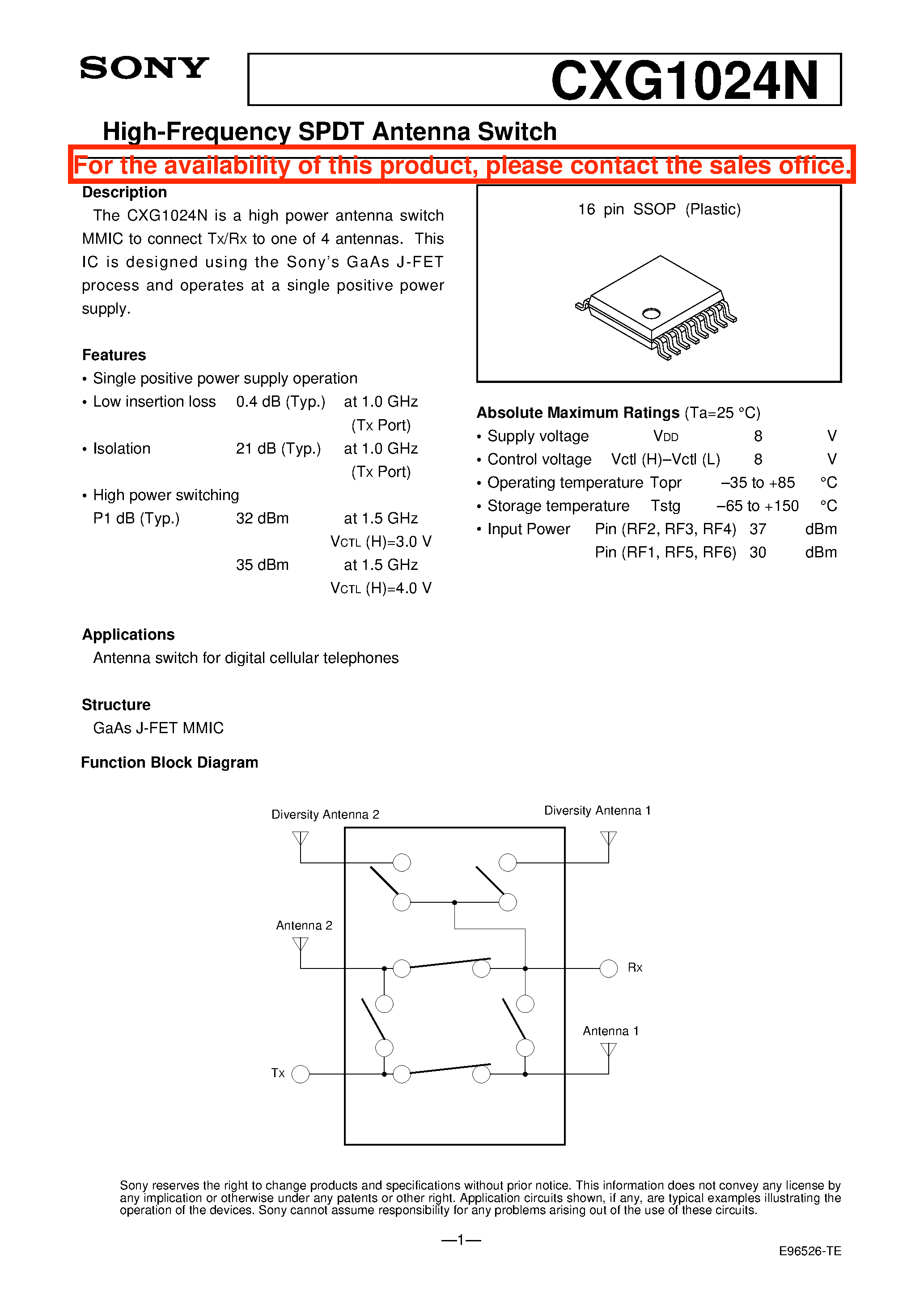Даташит на микросхему CXG1024N страница 1 Даташит CXG1024N - High-Frequency SPDT Antenna Switch страница 1