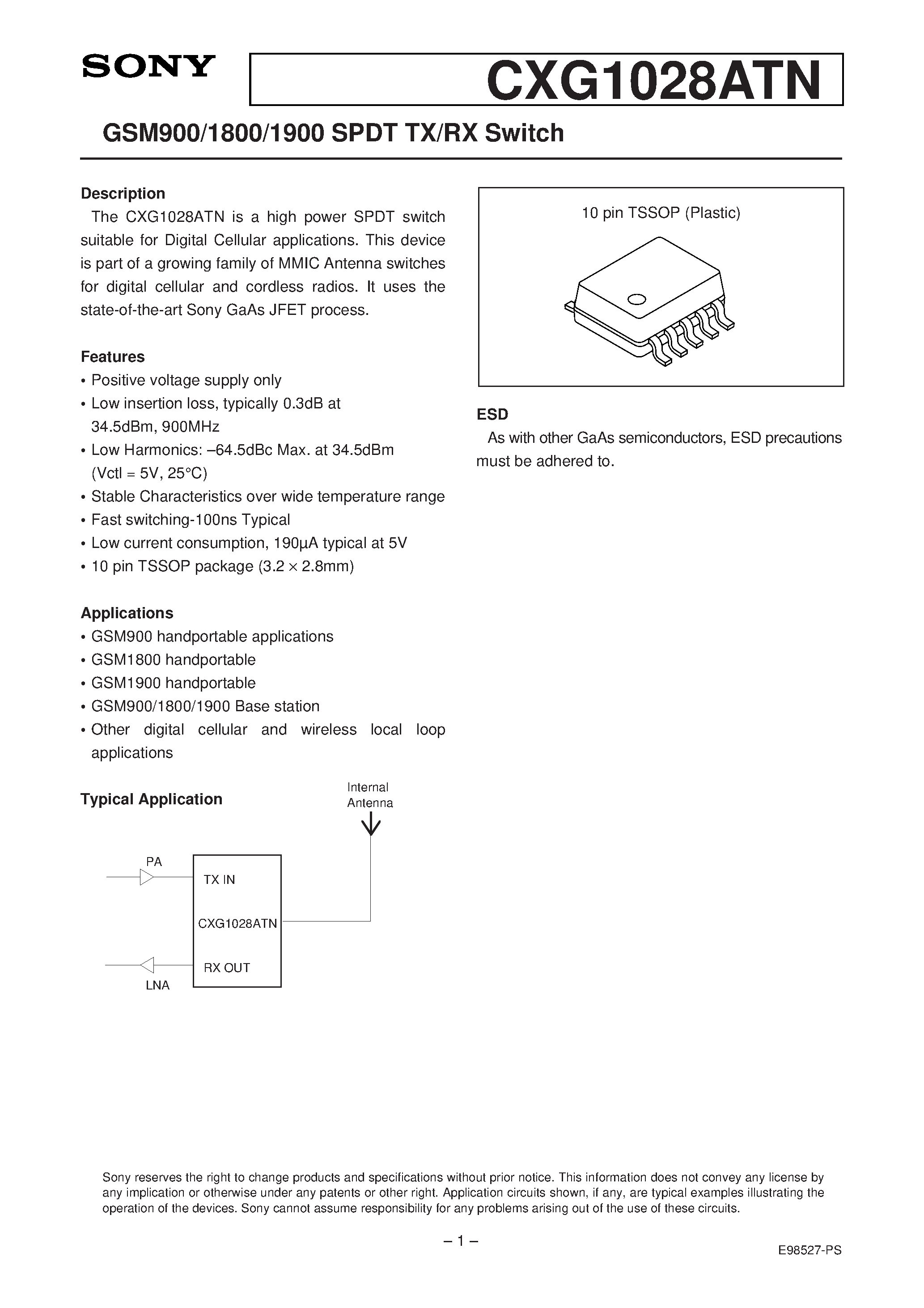Даташит на микросхему CXG1028ATN страница 1 Даташит CXG1028ATN - GSM900/1800/1900 SPDT TX/RX Switch страница 1