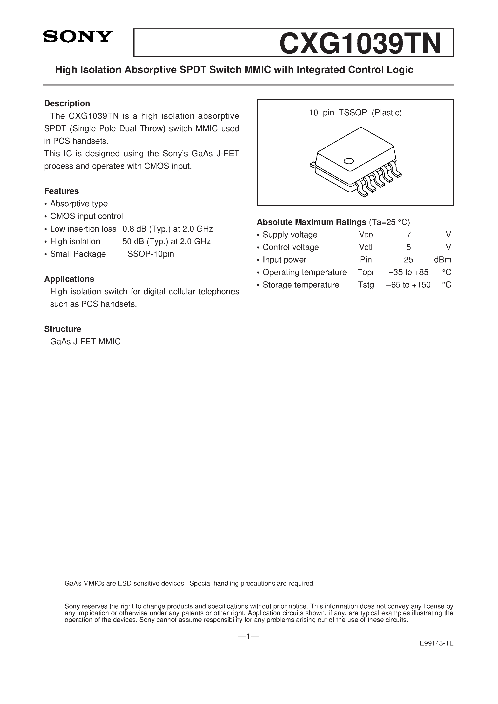 Даташит на микросхему CXG1039TN страница 1 Даташит CXG1039TN - High Isolation Absorptive SPDT Switch MMIC with Integrated Control Logic страница 1