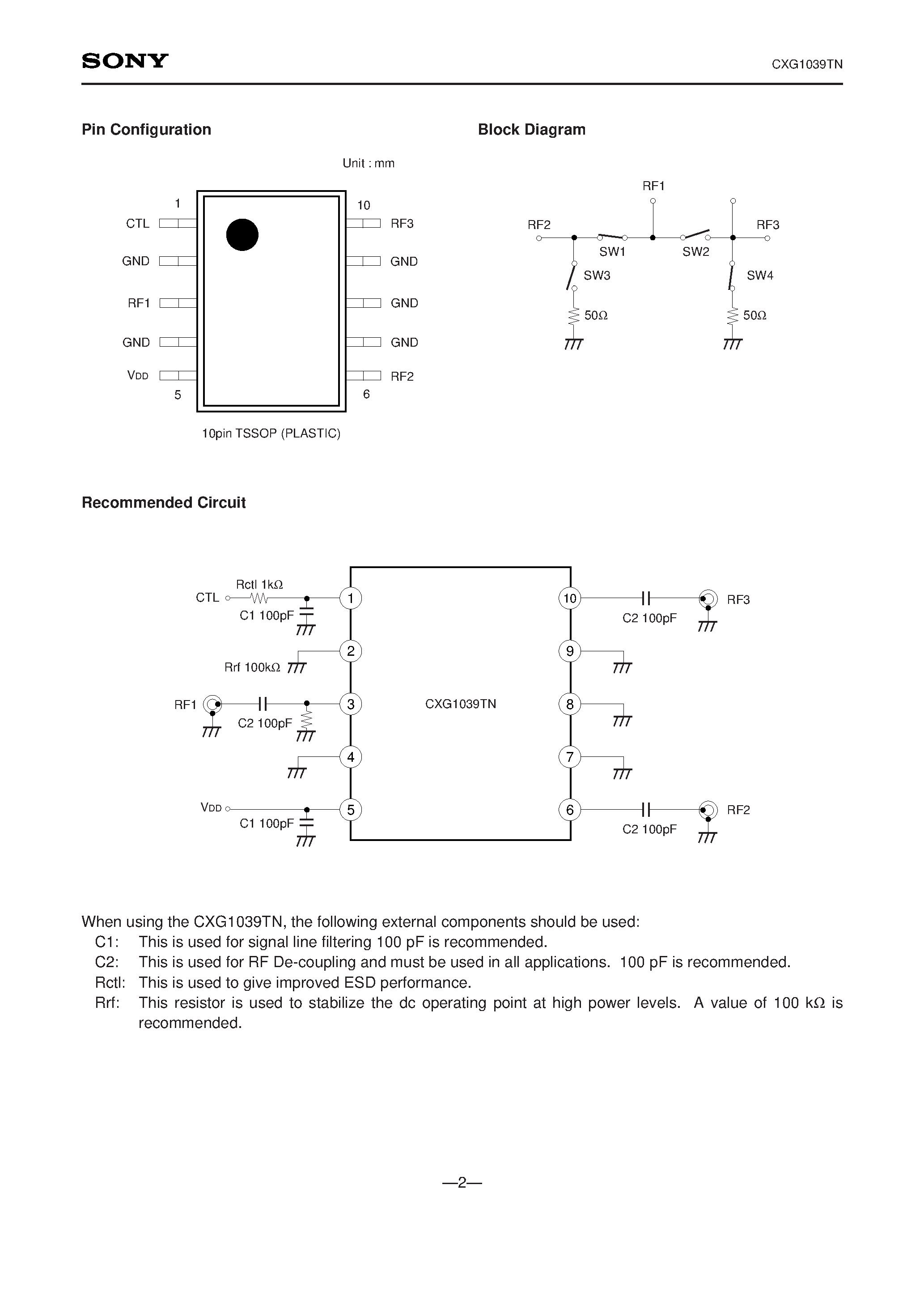 Даташит на микросхему CXG1039TN страница 2 Даташит CXG1039TN - High Isolation Absorptive SPDT Switch MMIC with Integrated Control Logic страница 2